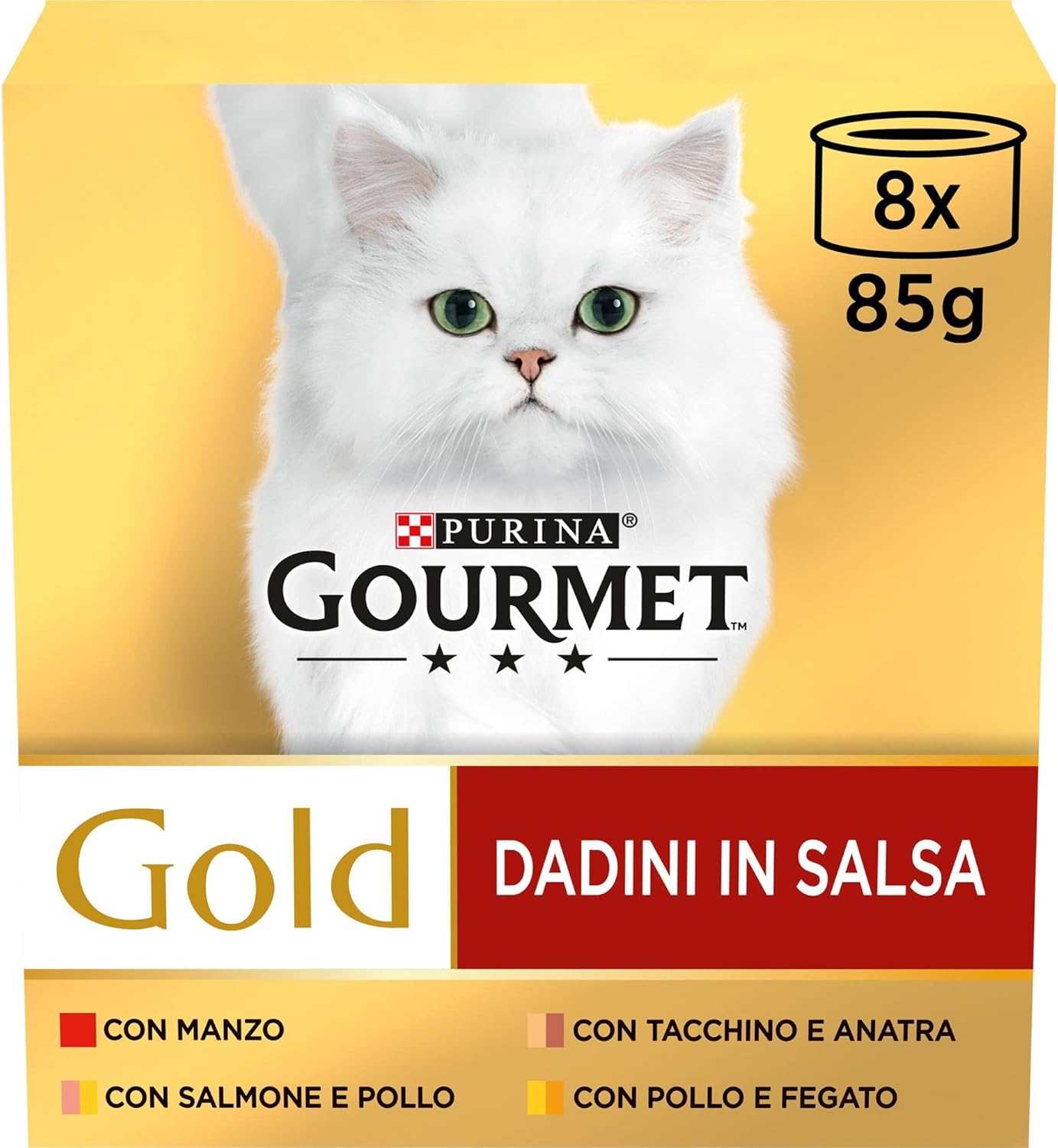 Detalle de GOURMET GOLD Cibo umido per gatti adulti – Dadini in Salsa con Manzo, Tacchino e Anatra, Salmone e Pollo, Fegato e Pollo (96 lattine da 85 g)