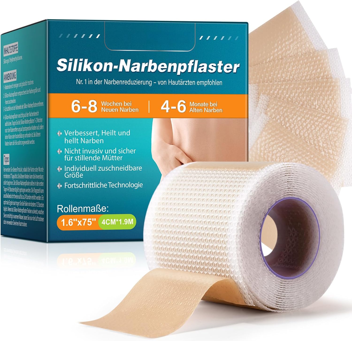 Silikonpflaster für Narben (4 cm x 190 cm) – wiederverwendbare Silikon-Narbenblätter für postoperative Wunden, Kaiserschnitt & Verletzungen