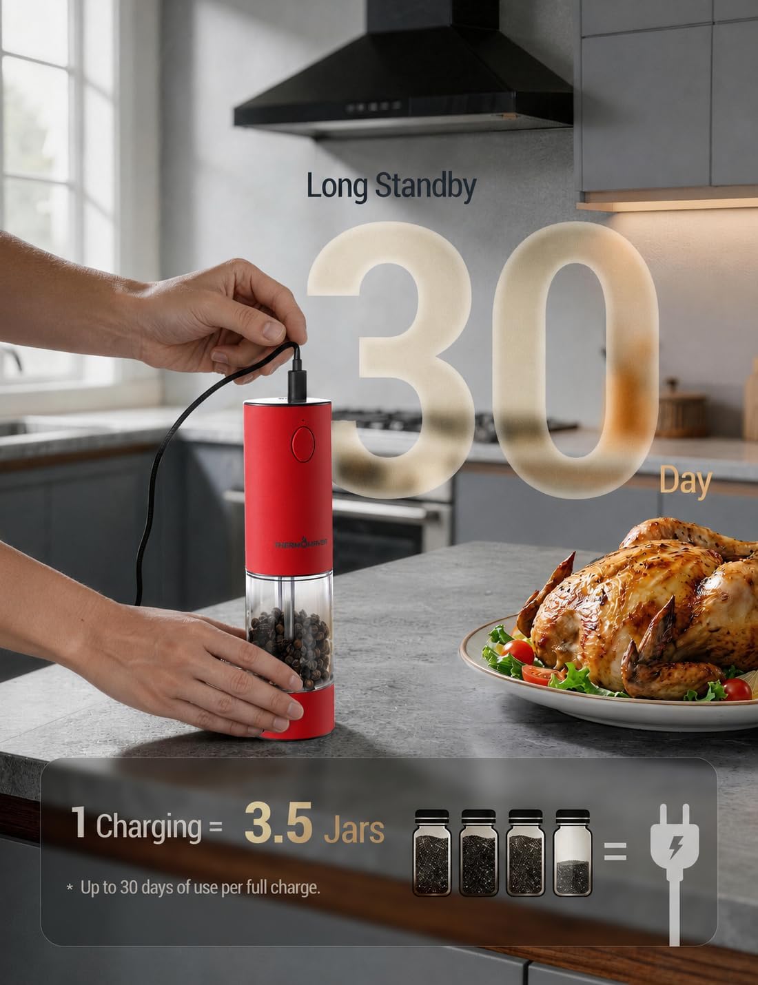 Thumbnail 4 de ThermoMaven Electric Salt & Pepper Grinder Set (2-Pack, 110ml, Red) with Rechargeable USB-C, LED Light, Ceramic Coarseness 6-Speed
