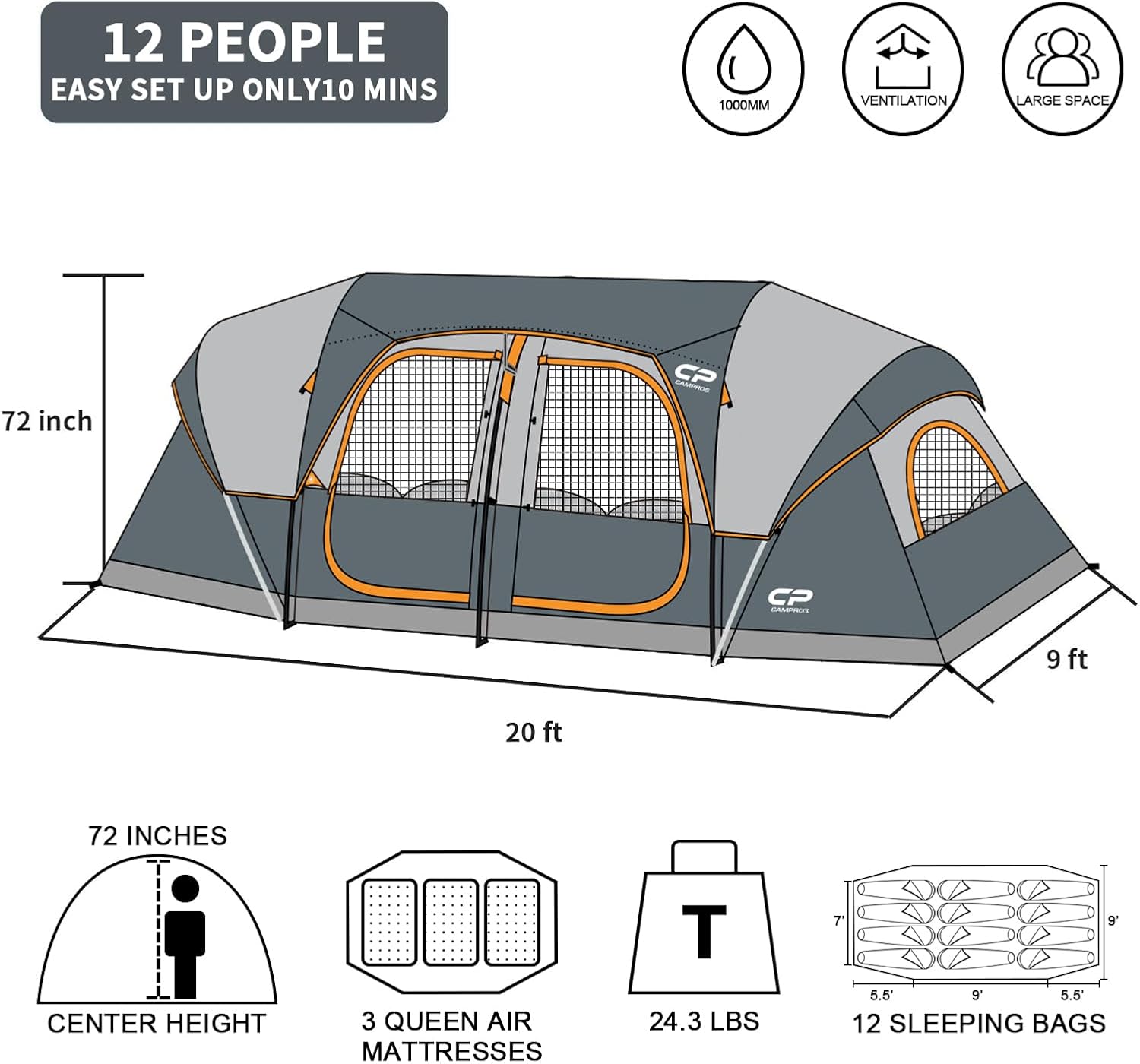 Detalle de CAMPROS CP Tent 12-Person 3-Room Family Tent