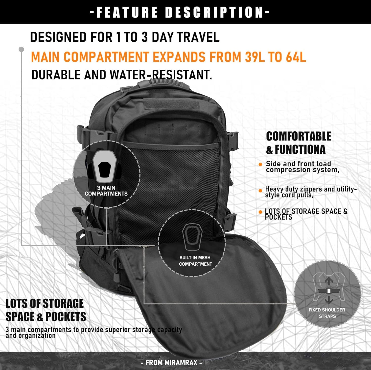 Thumbnail 5 de Miramrax Tactical Backpack Military Army Daypack (MOLLE) — Expandable 3-Day Assault Pack for Hiking, Camping & Travel