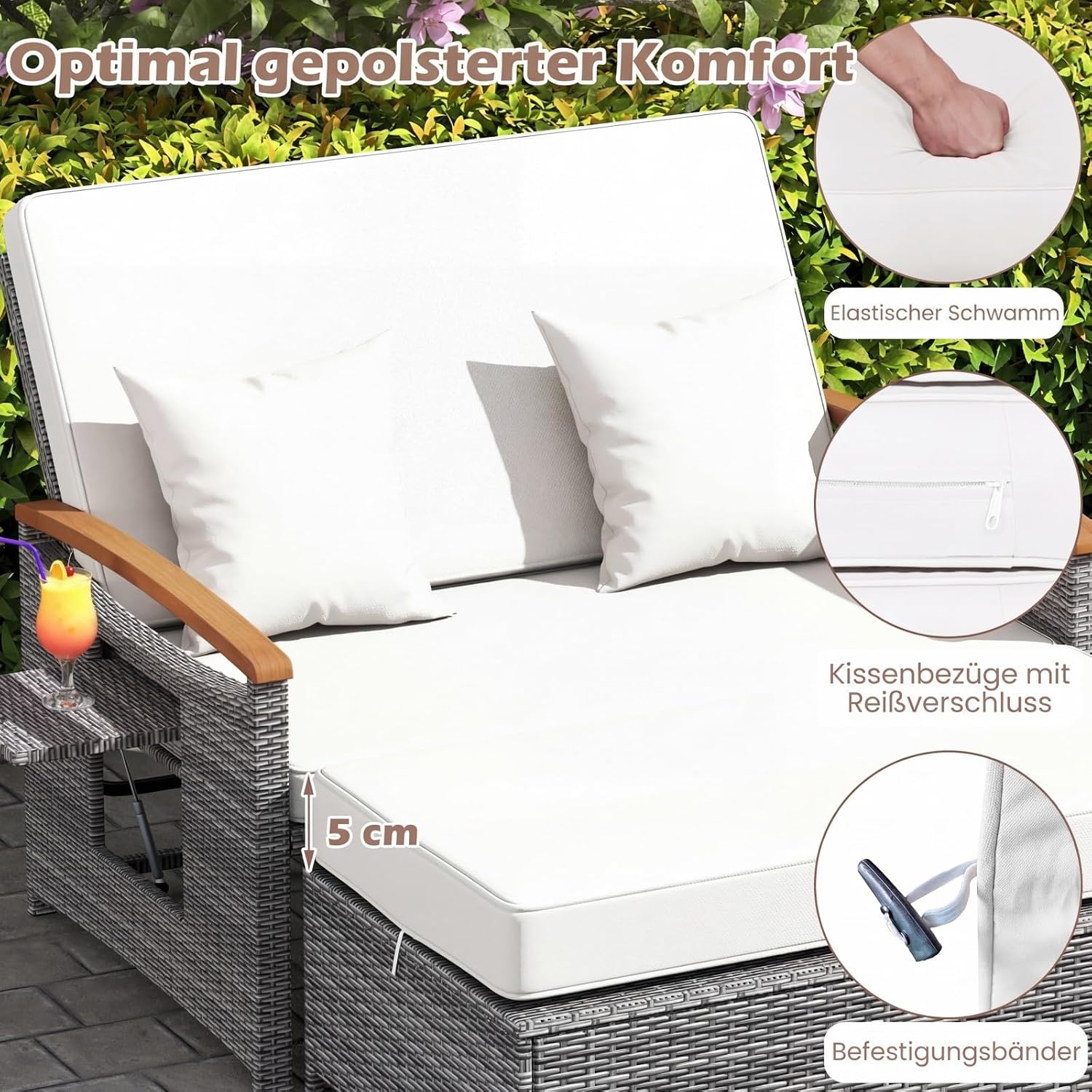 Detalle de COSTWAY Polyrattan Sonnenliege: Verstellbare Rückenlehne, Seitenablage und Doppel-Loungemöbel für Garten und Balkon