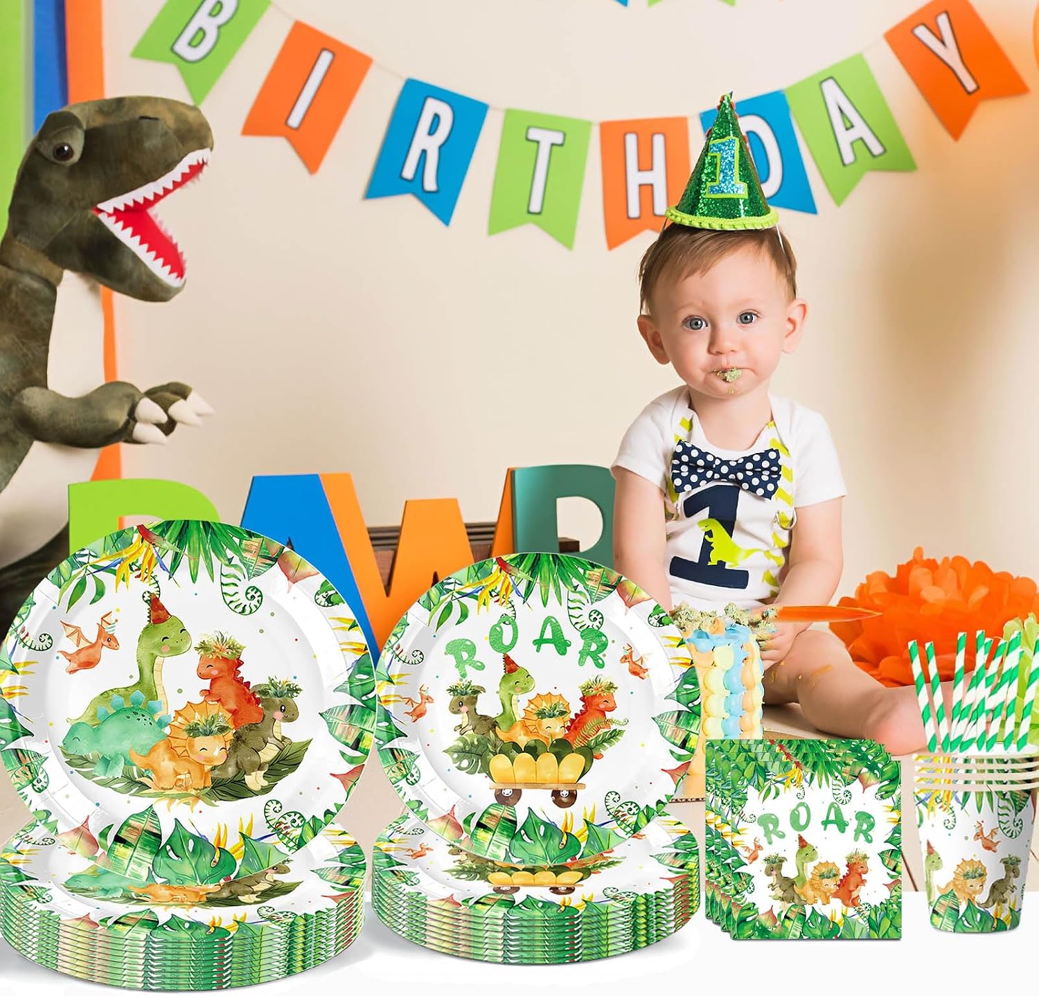 Detalle de Dino geburtstag Deko Partygeschirr-Set mit 60 Teilen für Kindergeburtstag – Pappteller, Becher, Servietten und Strohhalme