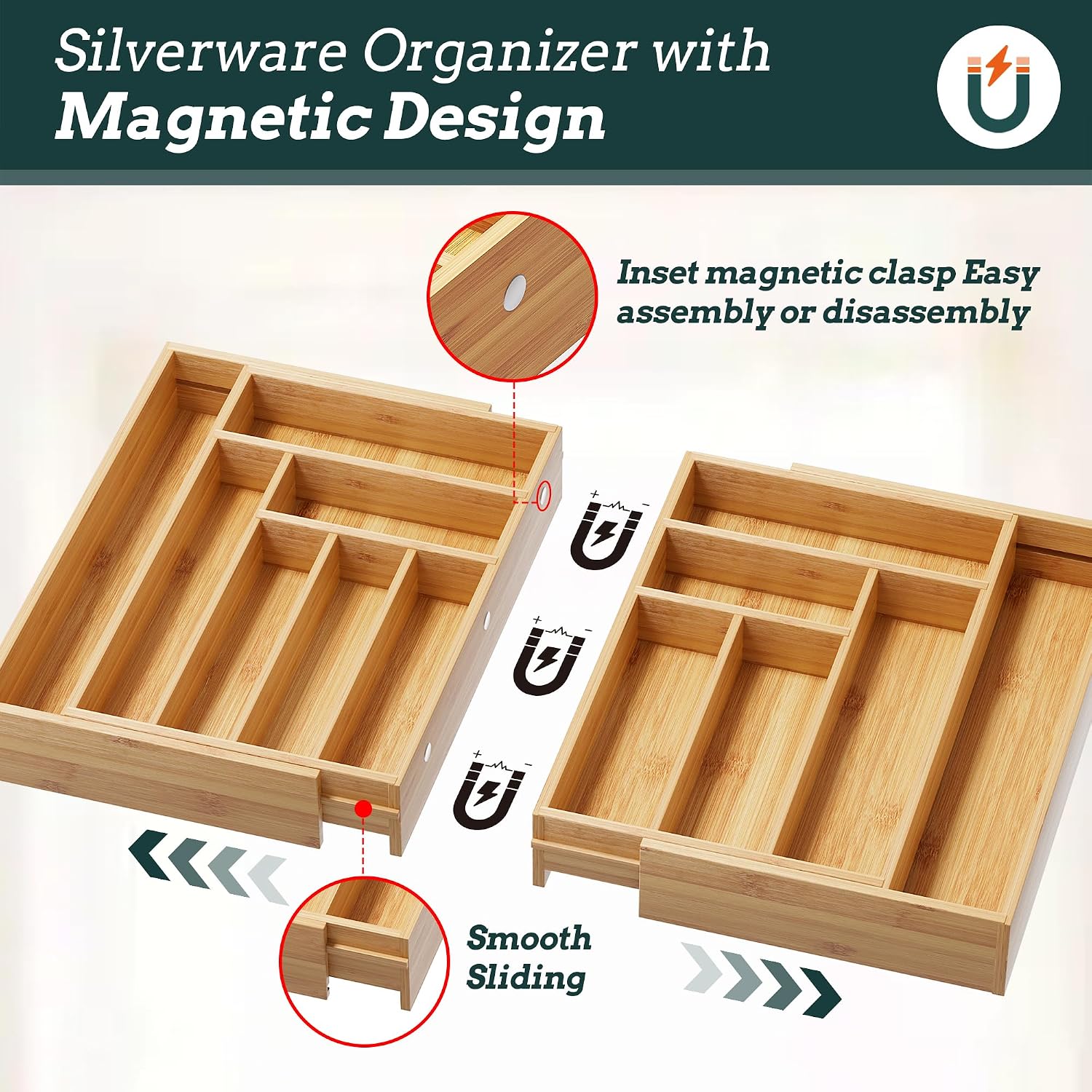 Thumbnail 2 de Silverware Organizer Large: Magnetic, Expandable Bamboo Silverware Drawer Organizer (21.3"–37.5" Wide)
