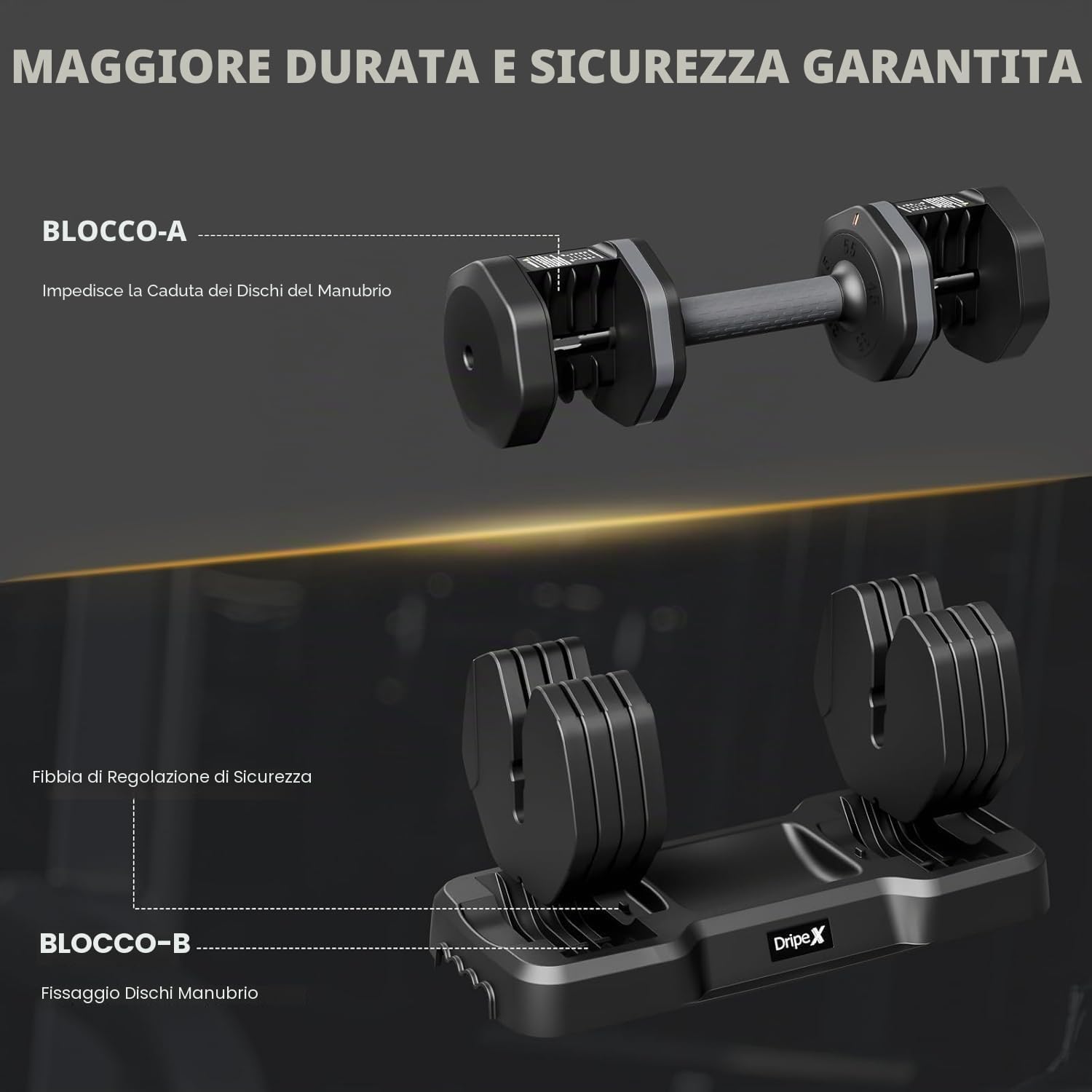 Detalle 2 de Dripex Manubri regolabili: set con impugnatura antiscivolo e vassoio, 24.5 kg per braccio