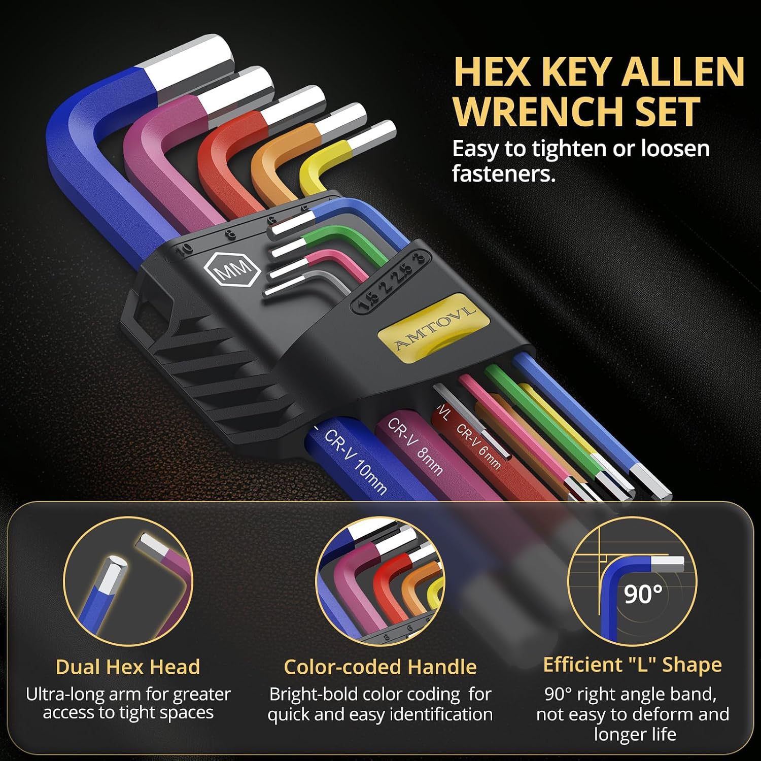 Thumbnail 3 de AMTOVL 9PCS Metric Hex Key Set (1.5–10mm) with Anti-Slip Long Hex Ends and Colour Coding