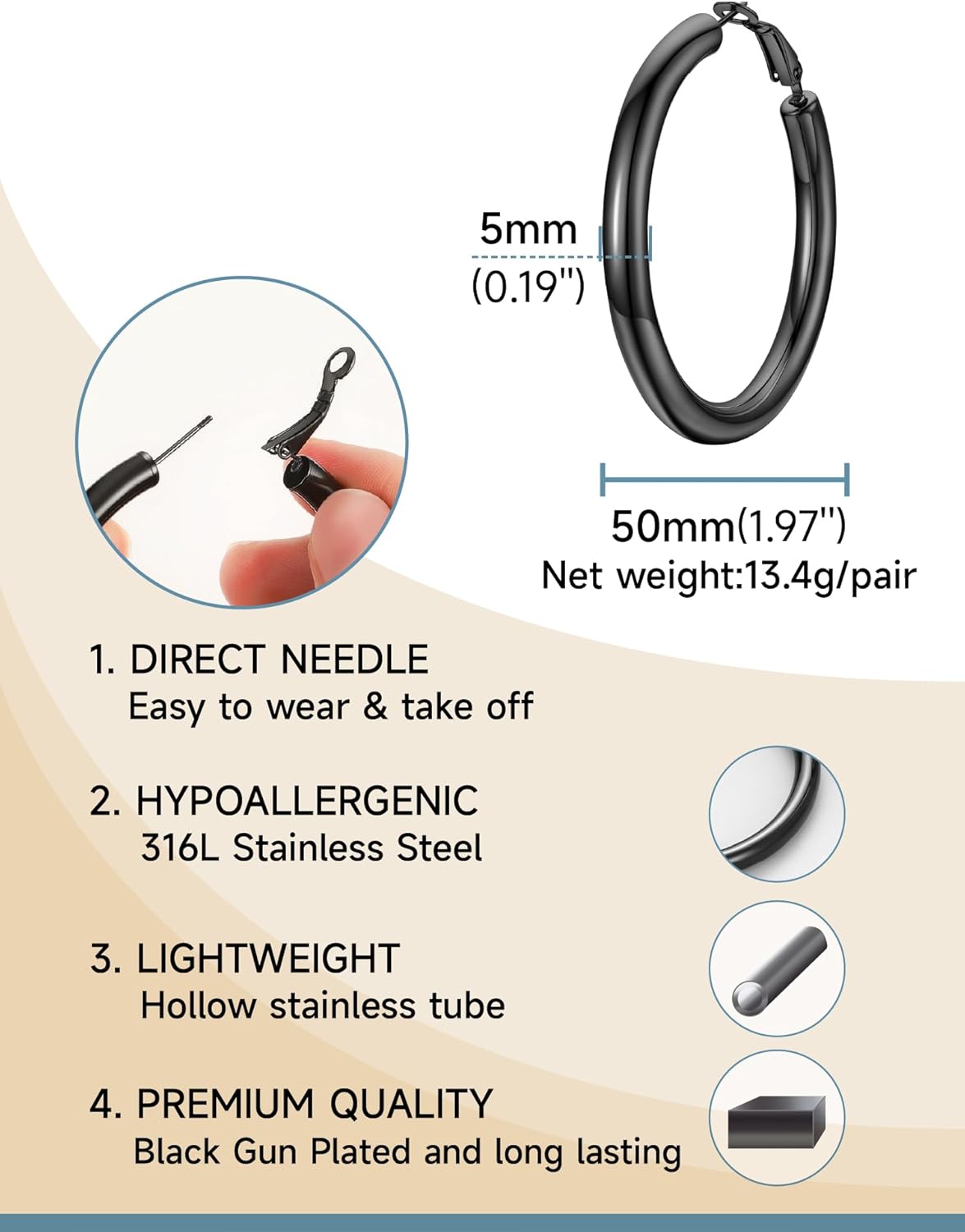 Thumbnail 3 de PROSTEEL Oversize orecchini ad anello nero in acciaio inox 316L (diametri 30/40/60/80 mm)