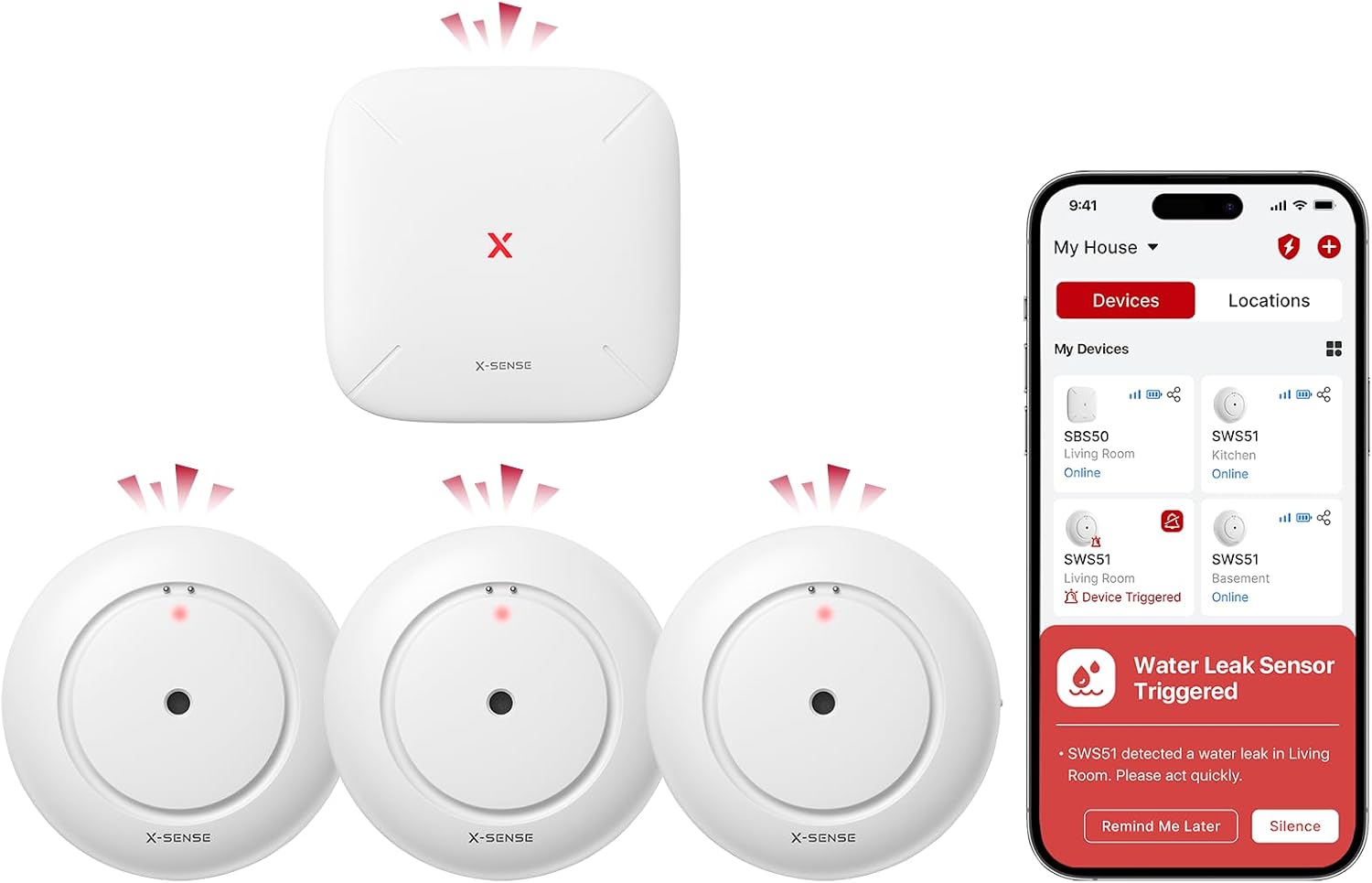Detalle de X-Sense SWS54 Wi-Fi Water Leak Detector Kit, 3 Sensors, 120 dB, IP66