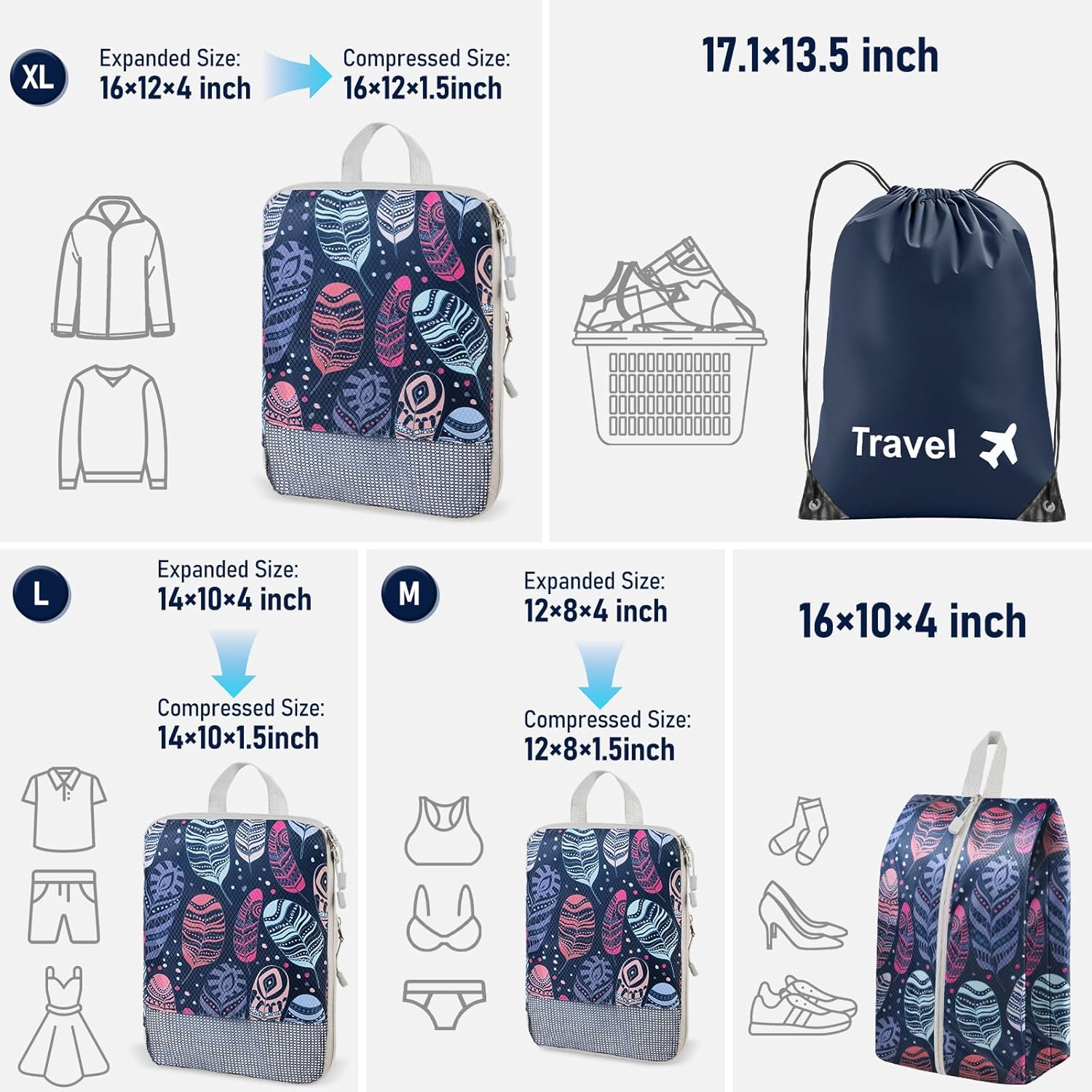 Detalle de Compression Packing Cubes for Travel – 5-Piece Set