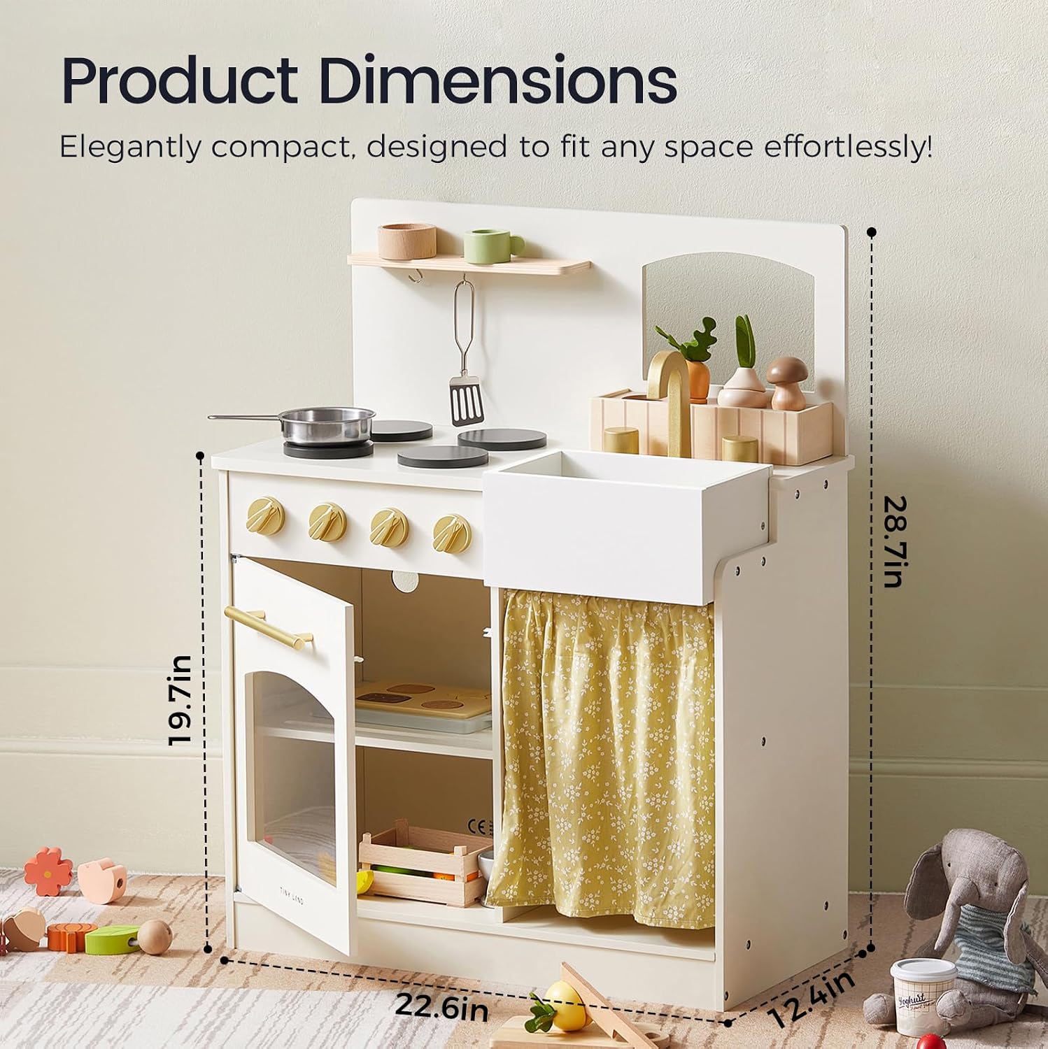 Detalle de Tiny Land Wooden Play Kitchen for Toddlers – Compact Cream Pretend Play Set