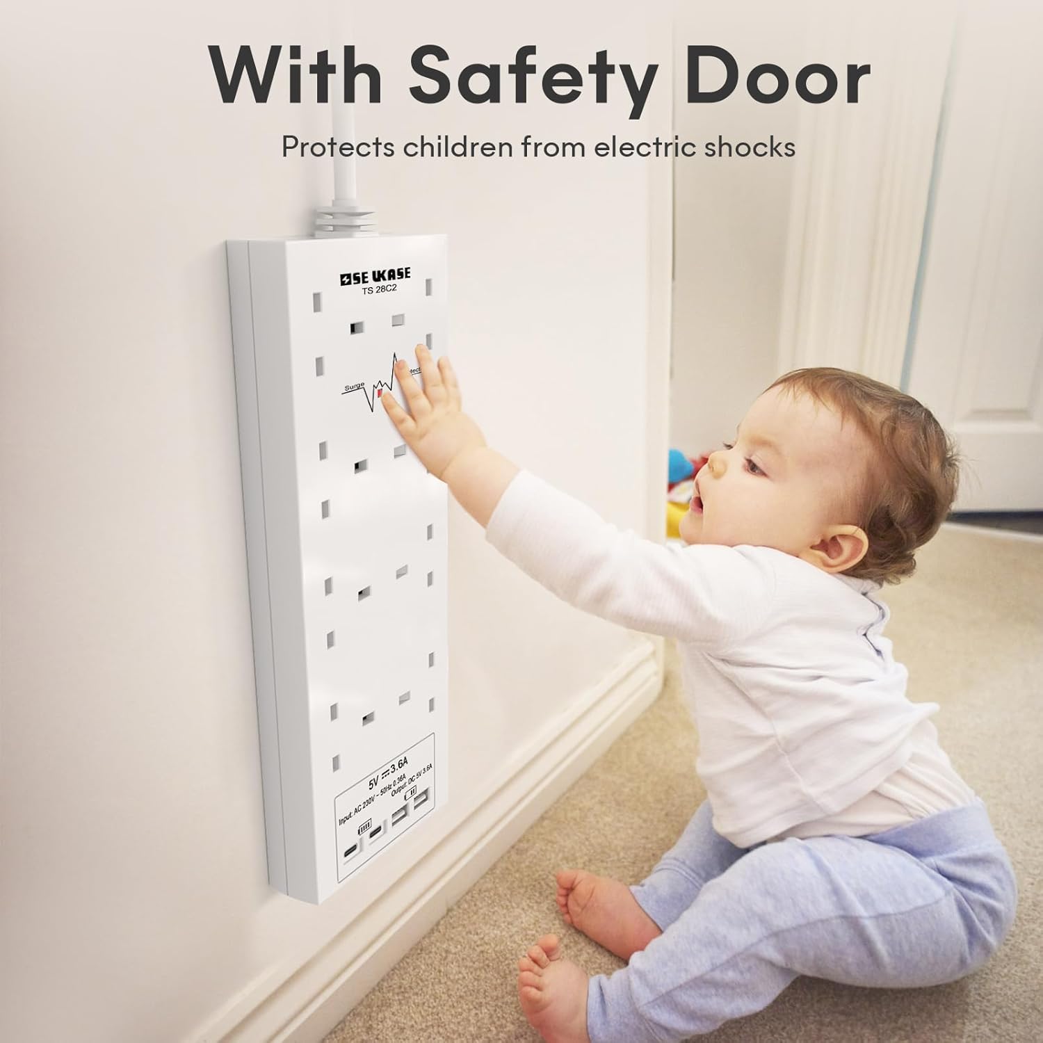 Thumbnail 4 de USB Extension Lead with 8-way Socket Surge Protection and 2m Cable (4× USB: 2C+2A)