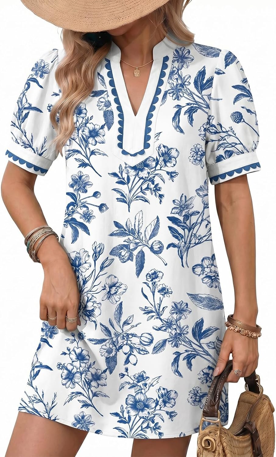 Thumbnail 6 de Dokotoo Summer Dresses for Women 2026 Boho Floral Puff Short Sleeve V Neck Mini Dress