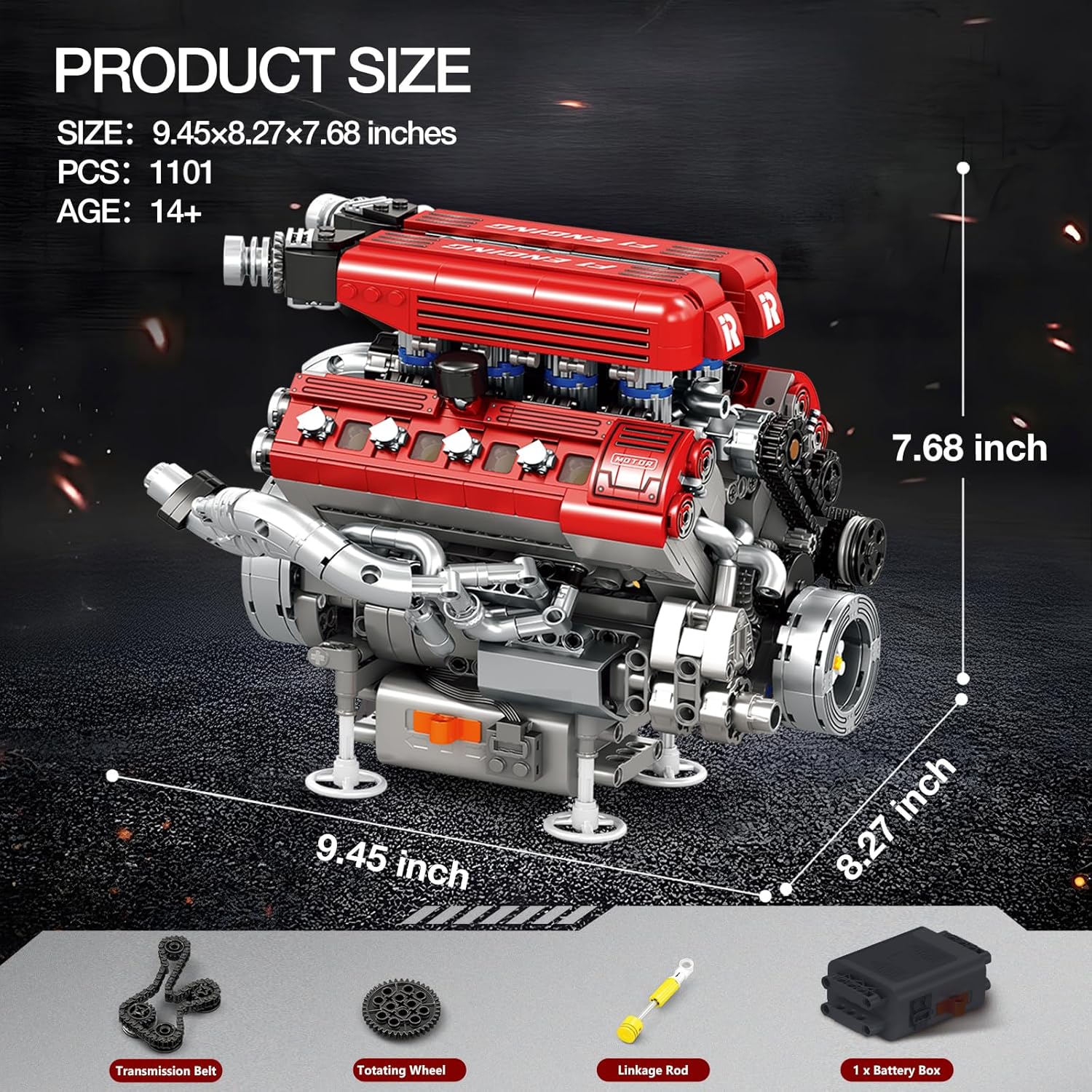 Detalle de Reobrix V8 Engine Model Kit for Adults — 1101 Pieces, Moving V8 Engine Mock-Up