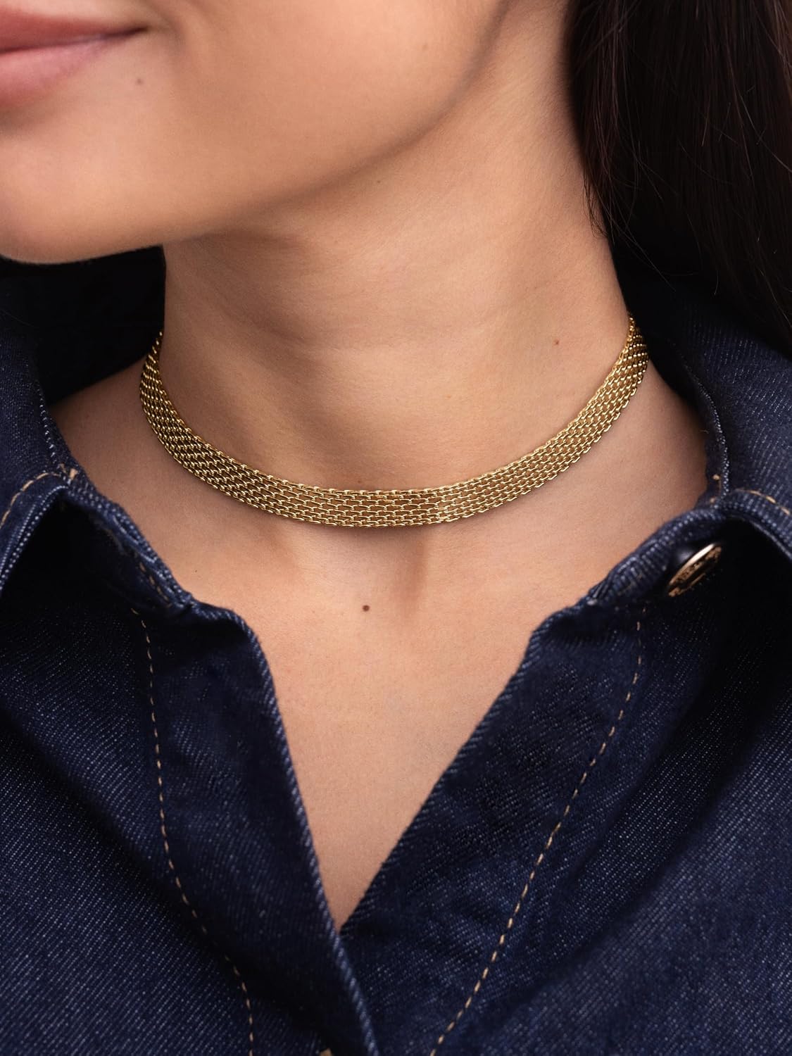 Detalle de SINGULARU Collana Choker Tape in Acciaio Placcato Oro 18Kt, Larghezza 8 mm, Lunghezza 33 cm + 5 cm di Estensione