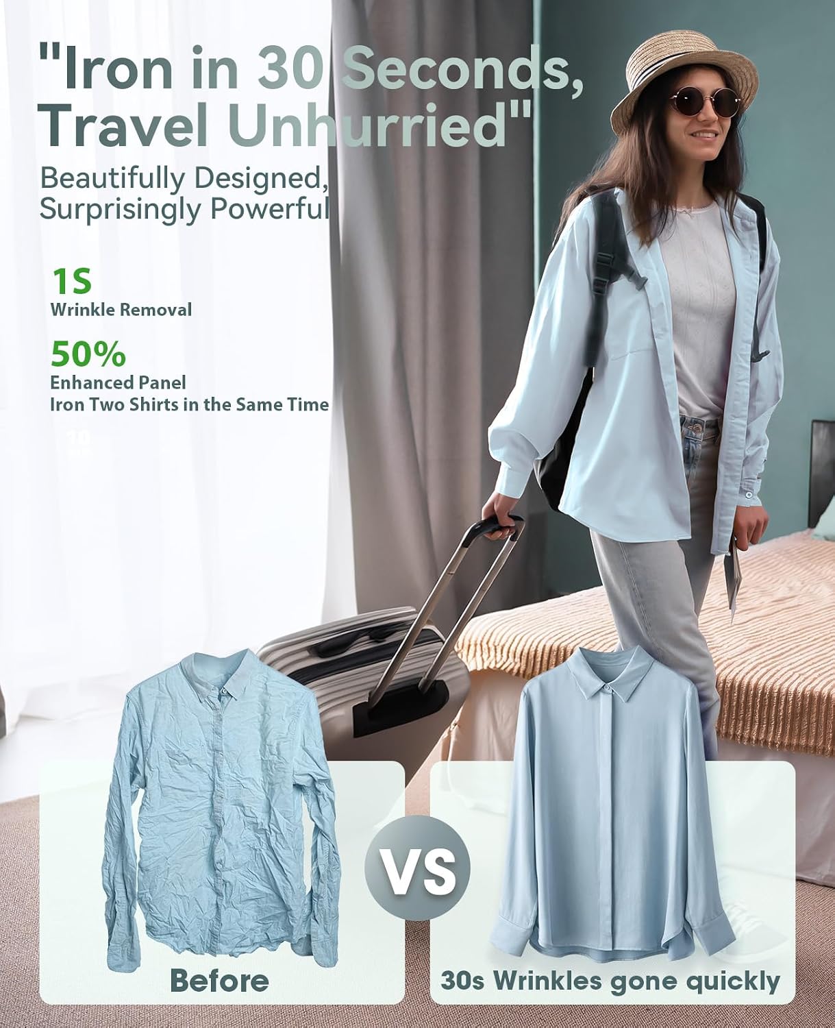 Detalle de Jack & Rose dual-voltage travel clothes steamer (100–240V) with 15s heat-up and 2-in-1 dry/wet ironing