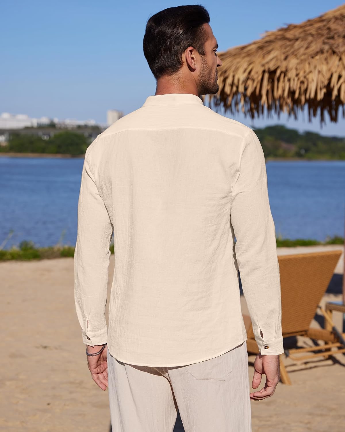 Detalle de YAOBAOLE chemise lin homme à manches longues (style henley, mao) – coton lin léger pour l’été