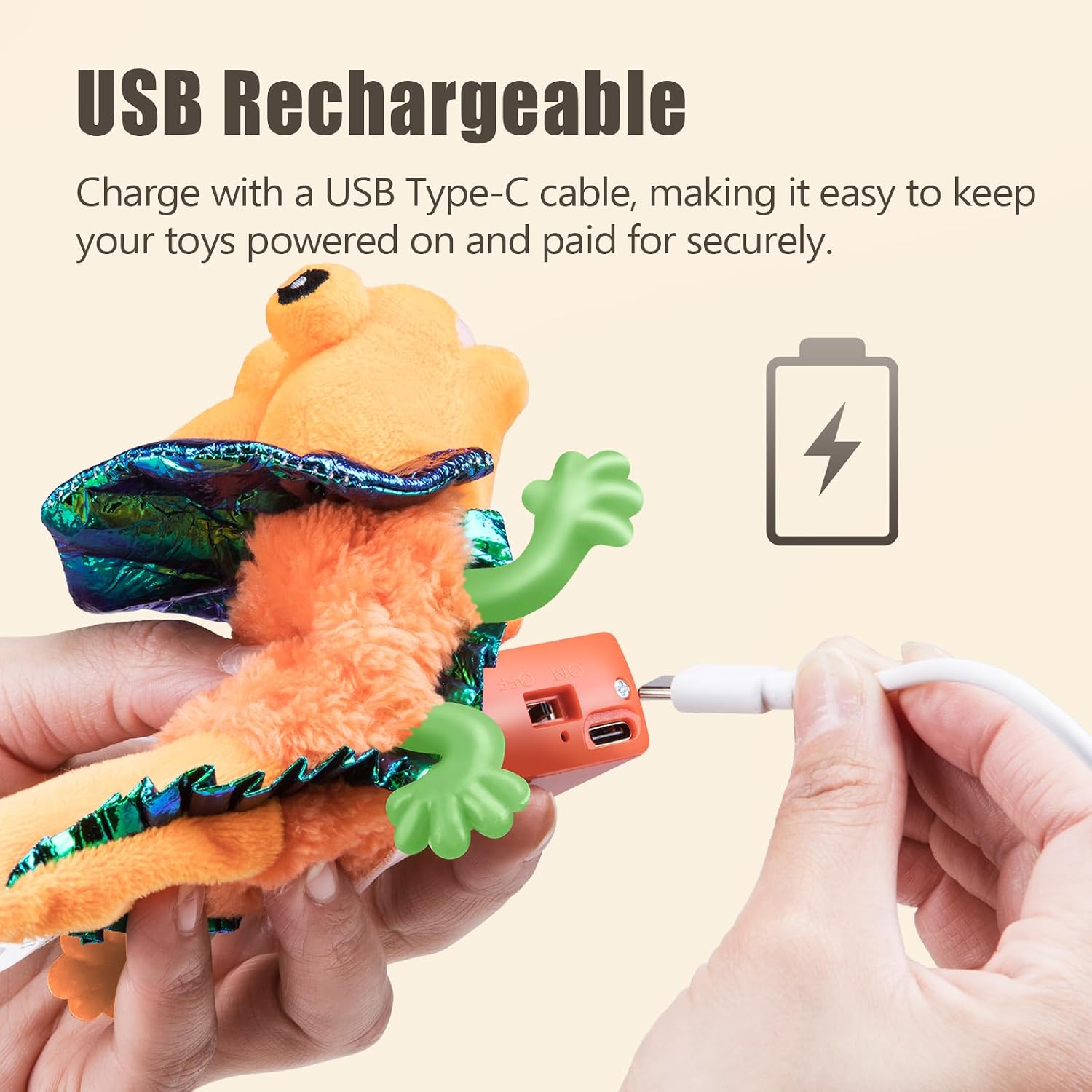Detalle de Migipaws touch-activated flapping & chirping lizard kitten toy (USB rechargeable, catnip)