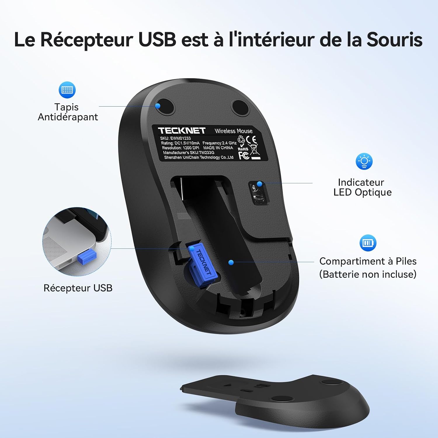 Detalle de TECKNET Souris sans Fil 3200 DPI — Silencieuse, Ambidextre et Ultra-Compacte