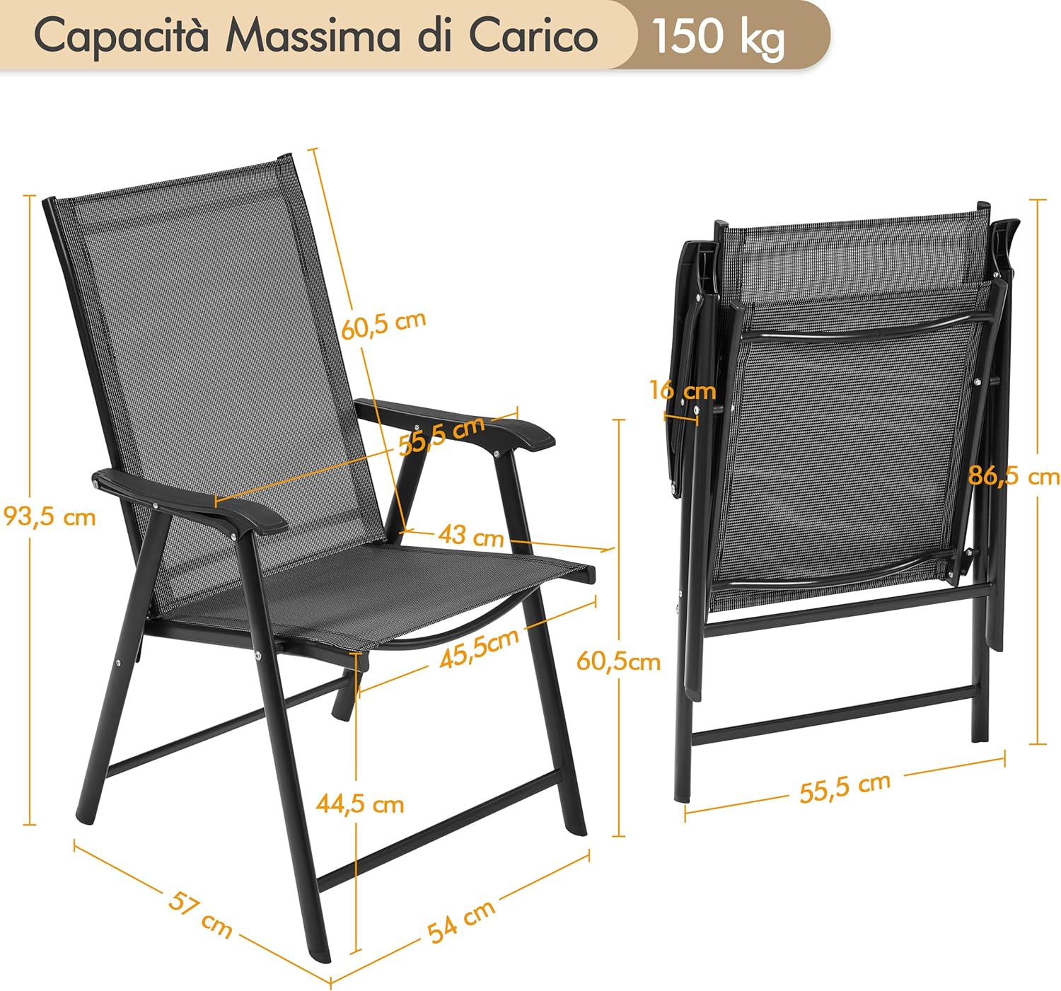 Thumbnail 2 de Yaheetech set di 2 sedie da giardino pieghevoli con braccioli in tessuto Nero