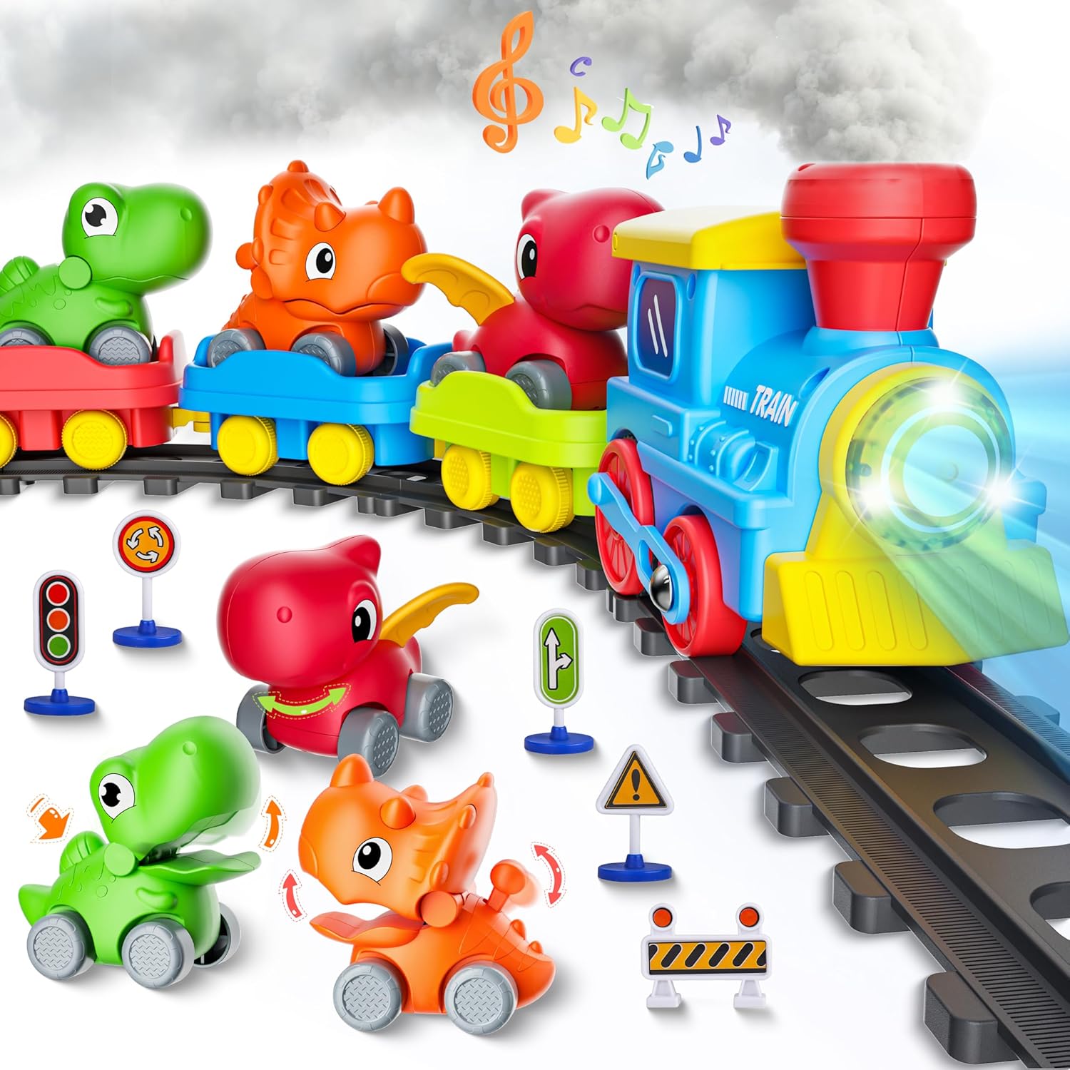 Detalle de Train Set for Toddlers with Steam, Music & Lights — Montessori Electric Train Toy with Dinosaur Cars & Tracks