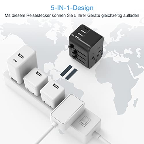 Detalle 2 de TESSAN Adattatore Universale da Viaggio 5 in 1: 1 presa CA, 3 USB A e 1 USB C (Nero)