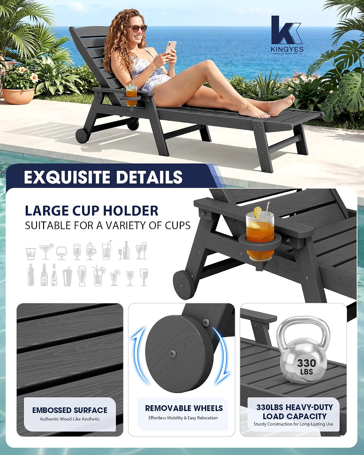 Detalle de KINGYES A041-086 Outdoor Lounge Chair Set of 4, HDPE, 5-Position Backrest