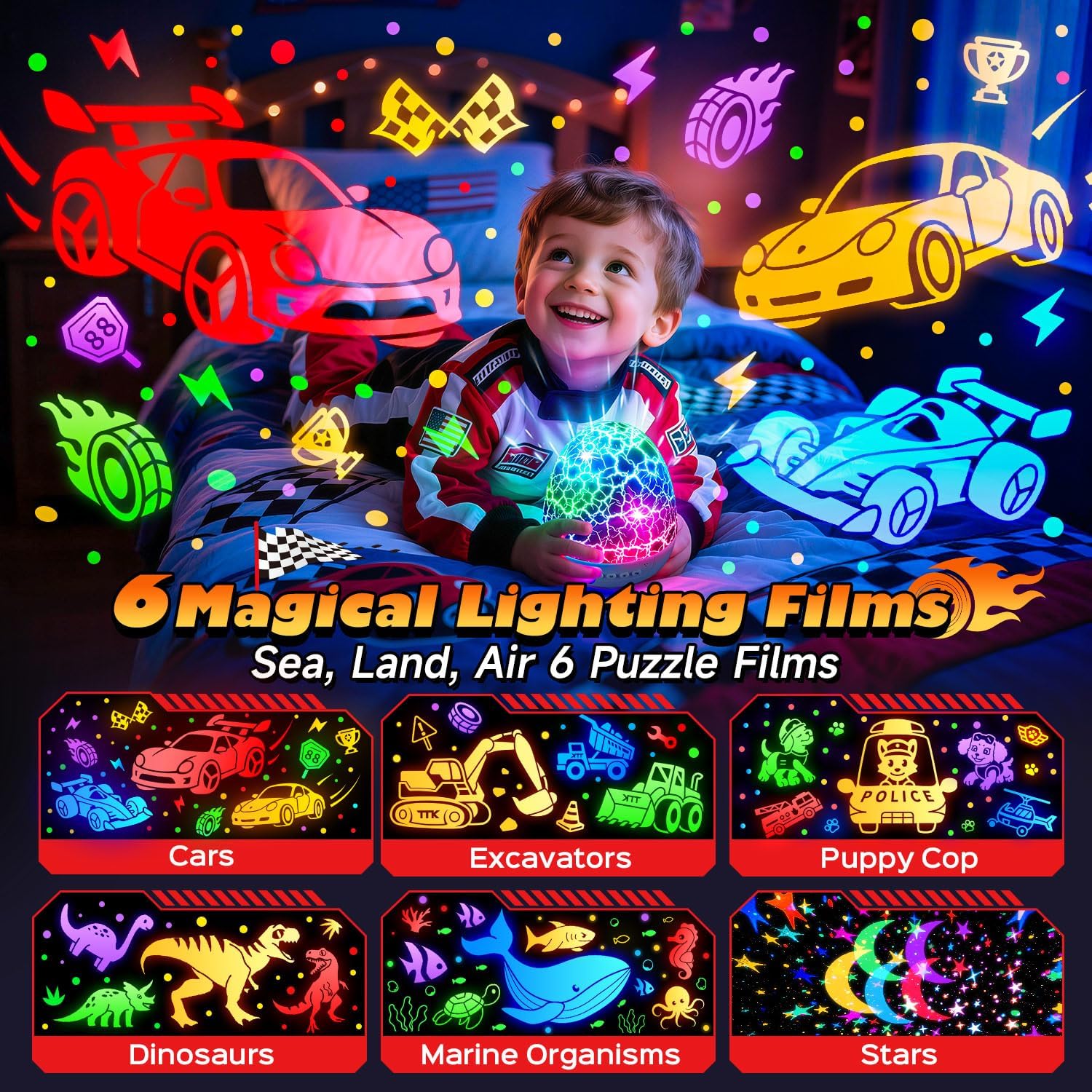 Thumbnail 2 de Toy Cars Projector Egg Shaped Night Light with 6HD Films, Sounds, 31 Colors, Remote, and 360° Rotation