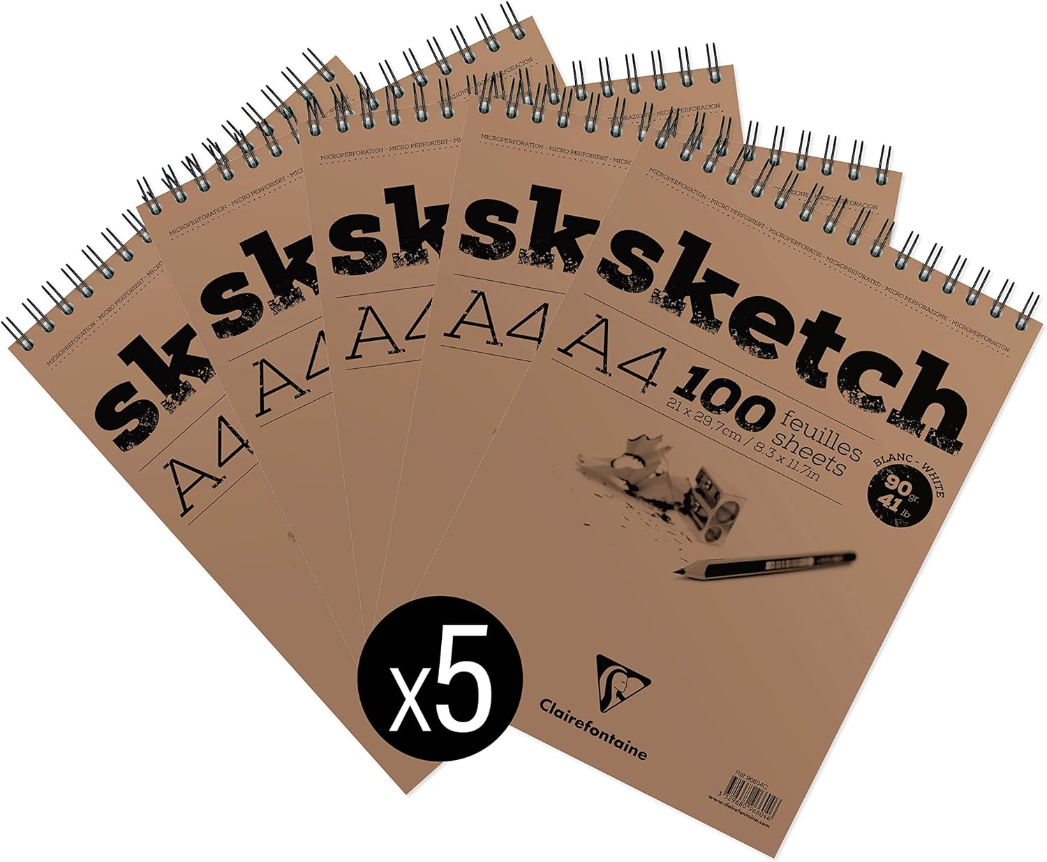 Thumbnail 1 de Clairefontaine 96604Cpack – Bloc Spiralé en-tête Papier Sketch, 100 feuilles A4, 90 g, lot de 5
