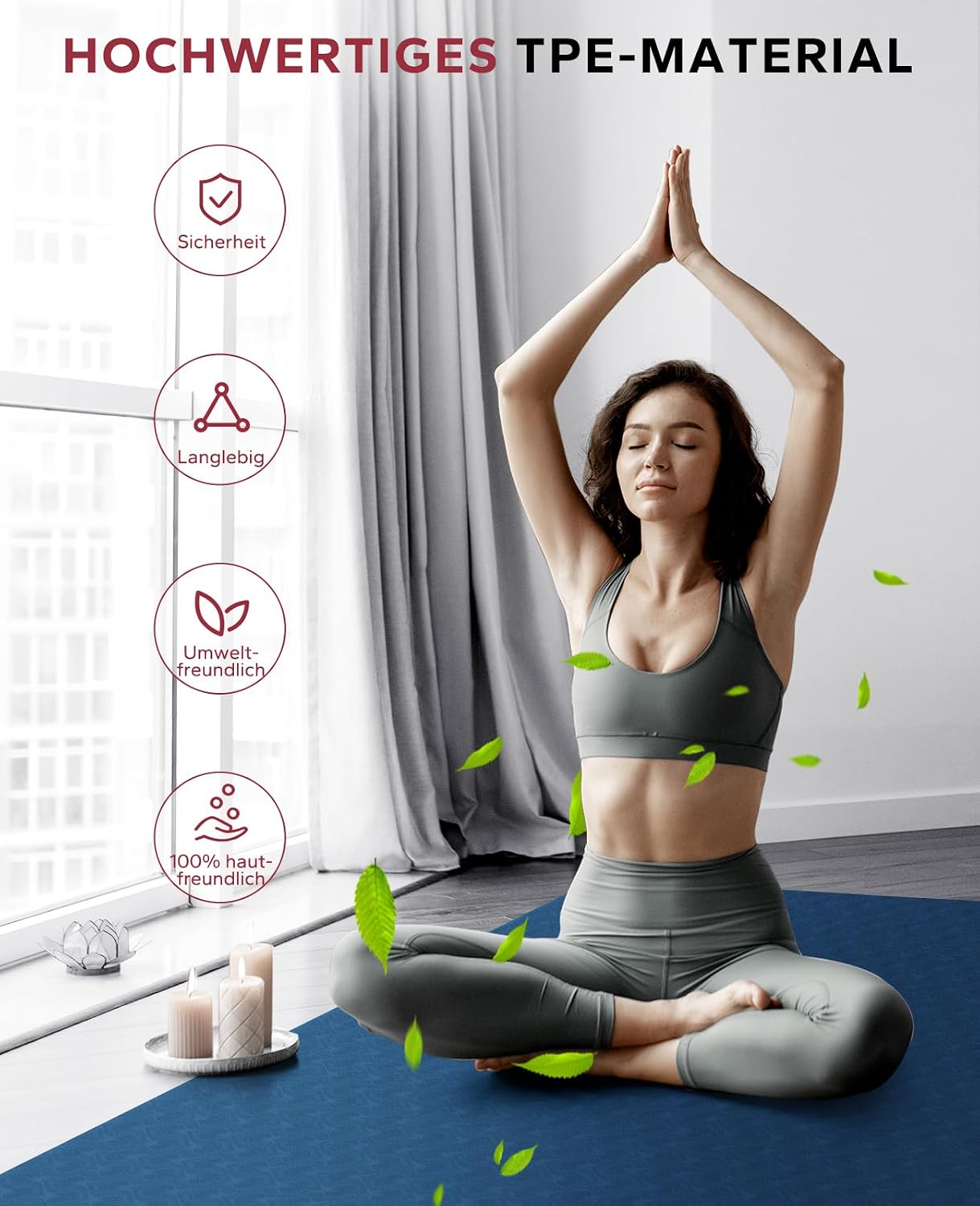 Detalle de HAPBEAR Yogamatte XXL 183×91 cm, 6 mm – rutschfeste TPE Trainingsmatte inkl. Resistance Bands & Tragetasche