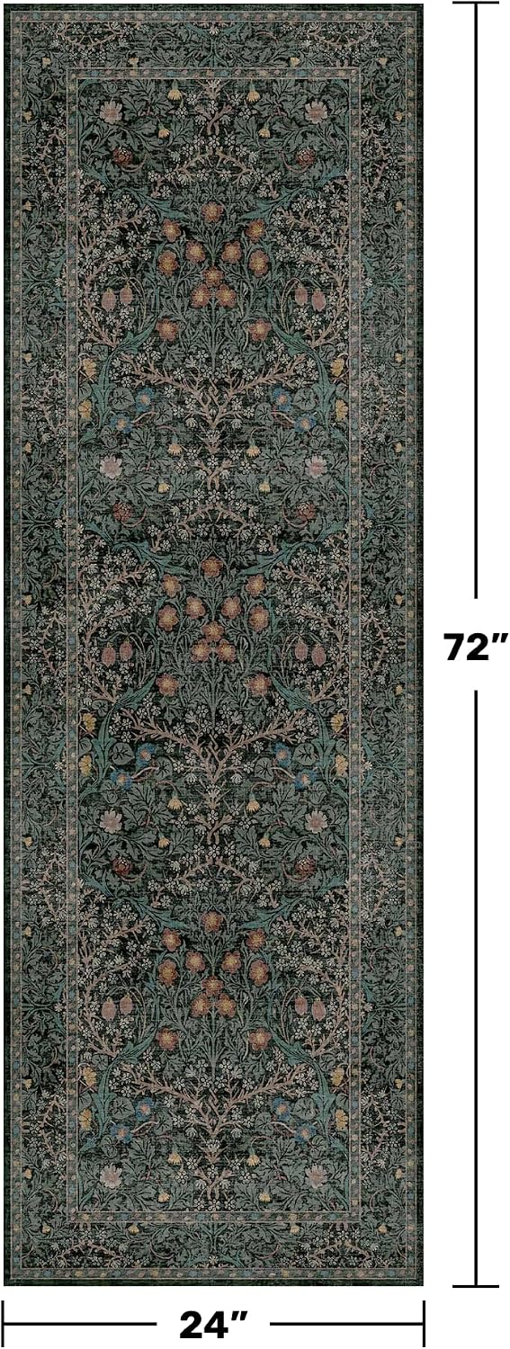 Detalle de Hazo Haus Non Slip 2x6 Kitchen Runner Rug (Washable, Rubber Back) – Boho Vintage Floral Botanical, Dark Green