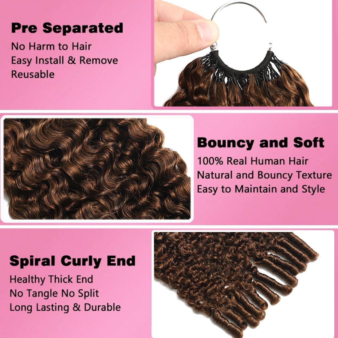 Thumbnail 1 de Feather Crochet Human Hair: Chocolate Brown Burmese Curly 18 Inch, 100% Virgin, Knotless Pre-Separated Crochet Extensions