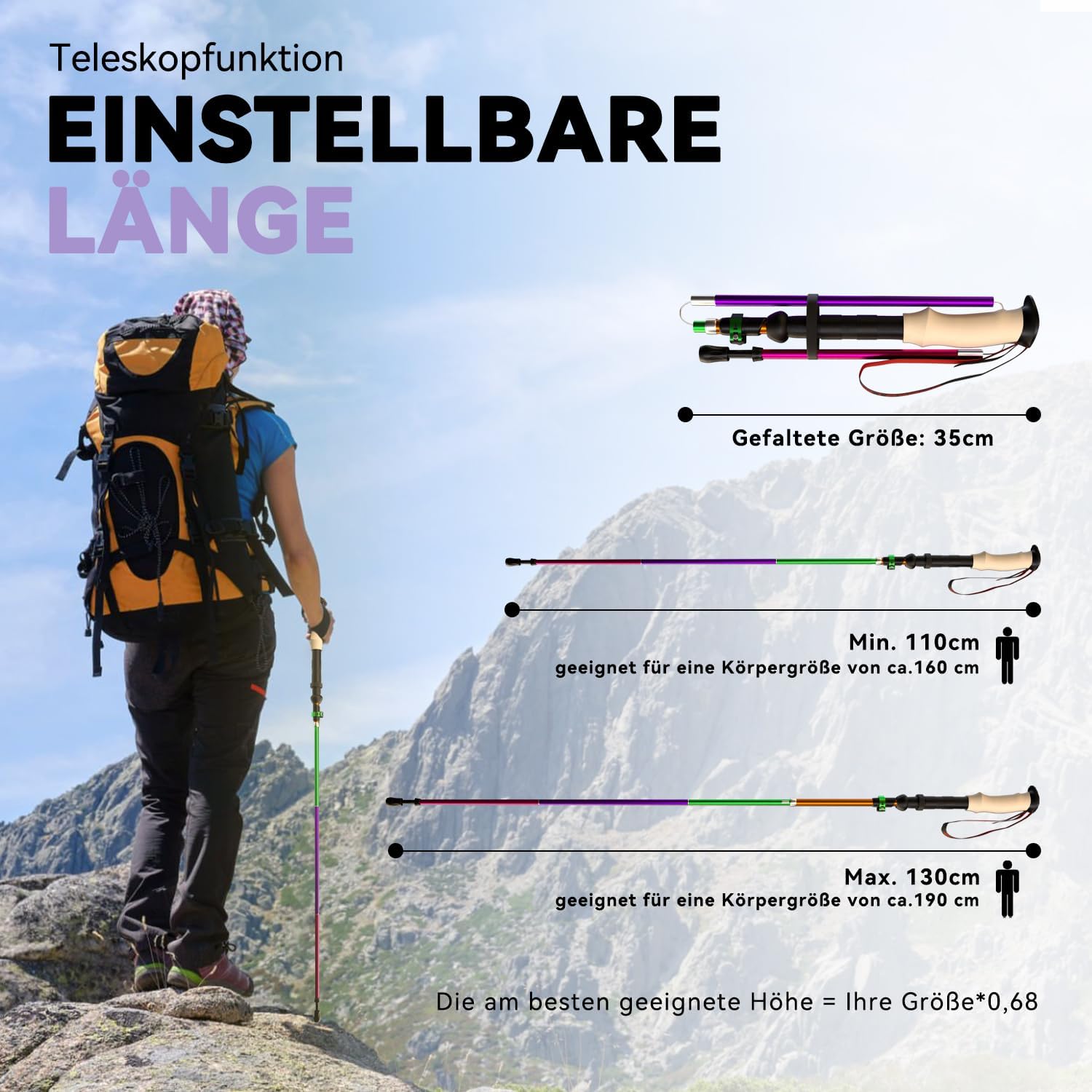 Detalle de DOBESTS Wanderstöcke: Faltbare Nordic Walking Stöcke aus Aluminium 110–130 cm