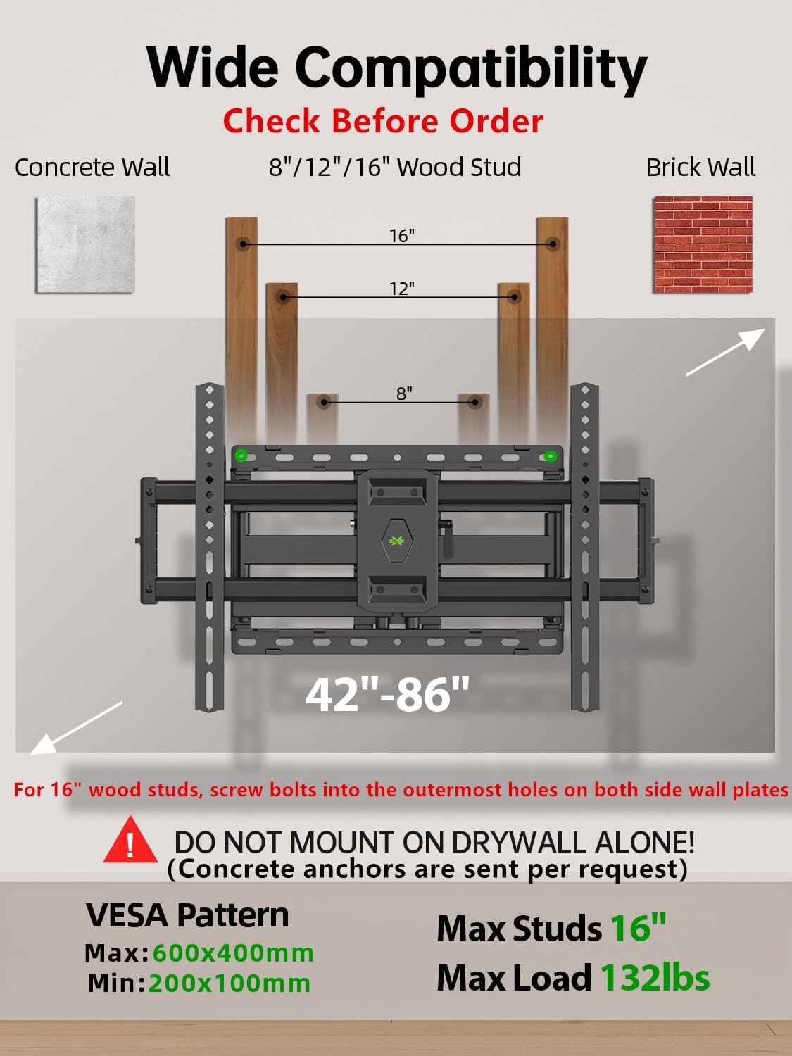 Thumbnail 1 de USX MOUNT XML008 Full-Motion TV Wall Mount, 132 lb, VESA 600 × 400 mm