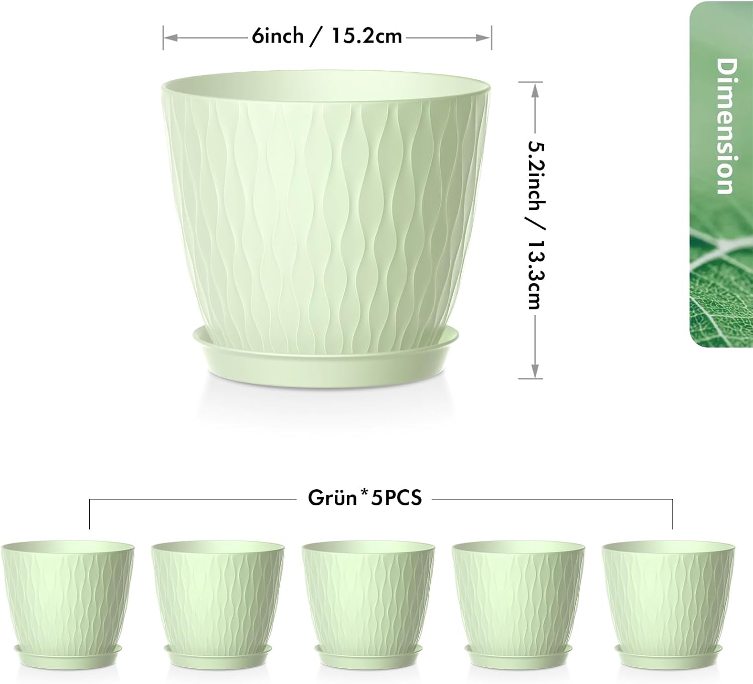 Detalle de Homeuouz 5er-Set Blumentopf mit Bewässerungssystem, 15,3 cm – Hellgrün