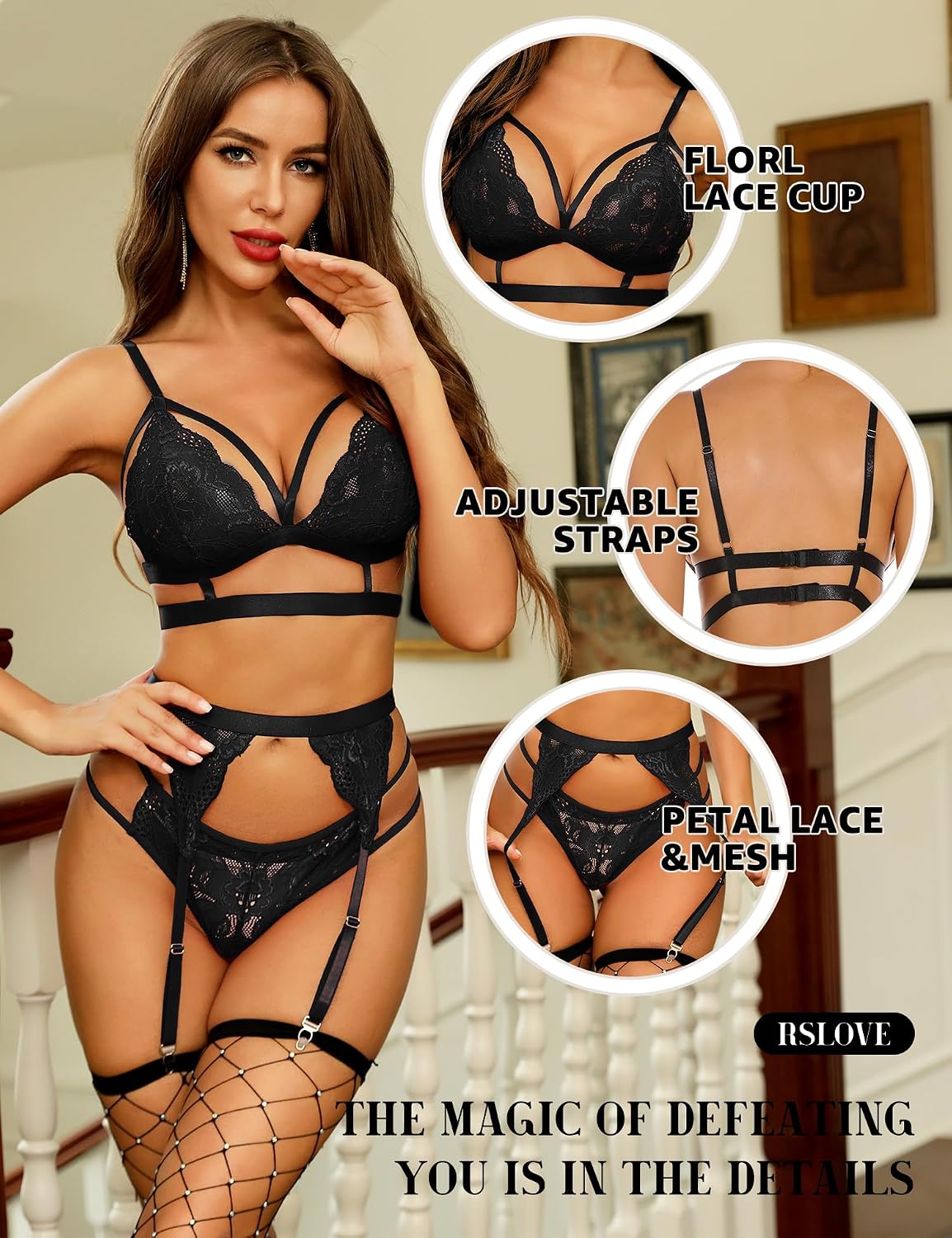 Thumbnail 2 de RSLOVE 3-Piece Floral Lace Lingerie Set with Garter Belt for Women