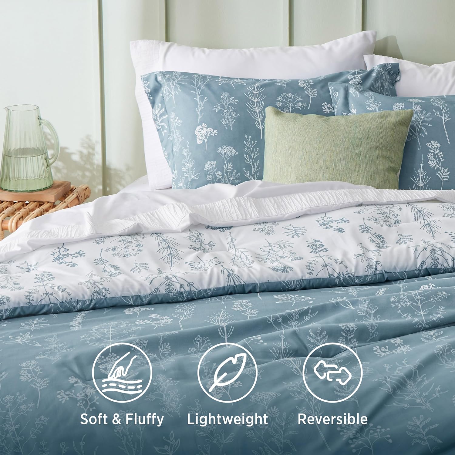 Detalle de Bedsure Floral Comforter Set, Full Reversible Mineral Blue Bedding
