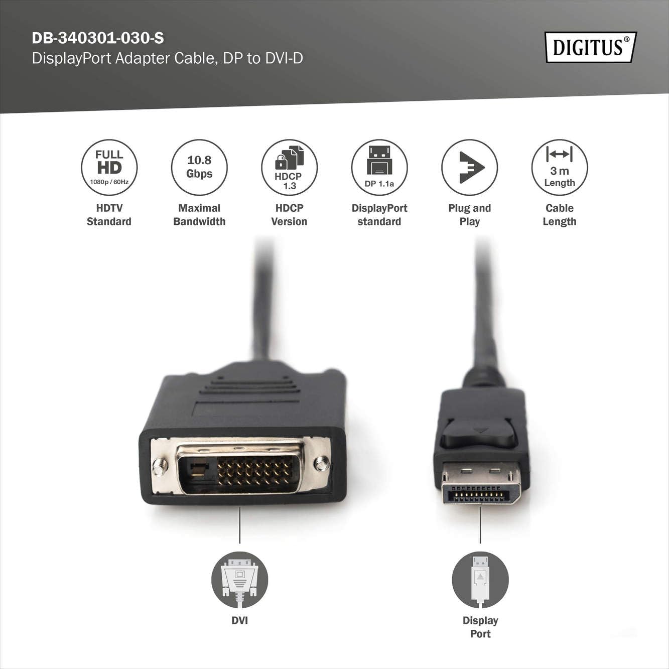 Detalle 2 de DIGITUS DisplayPort zu DVI-D Adapterkabel (DP - DVI-D, 24+1), 3,0 m, Verriegelung, Full HD 1080p/60Hz