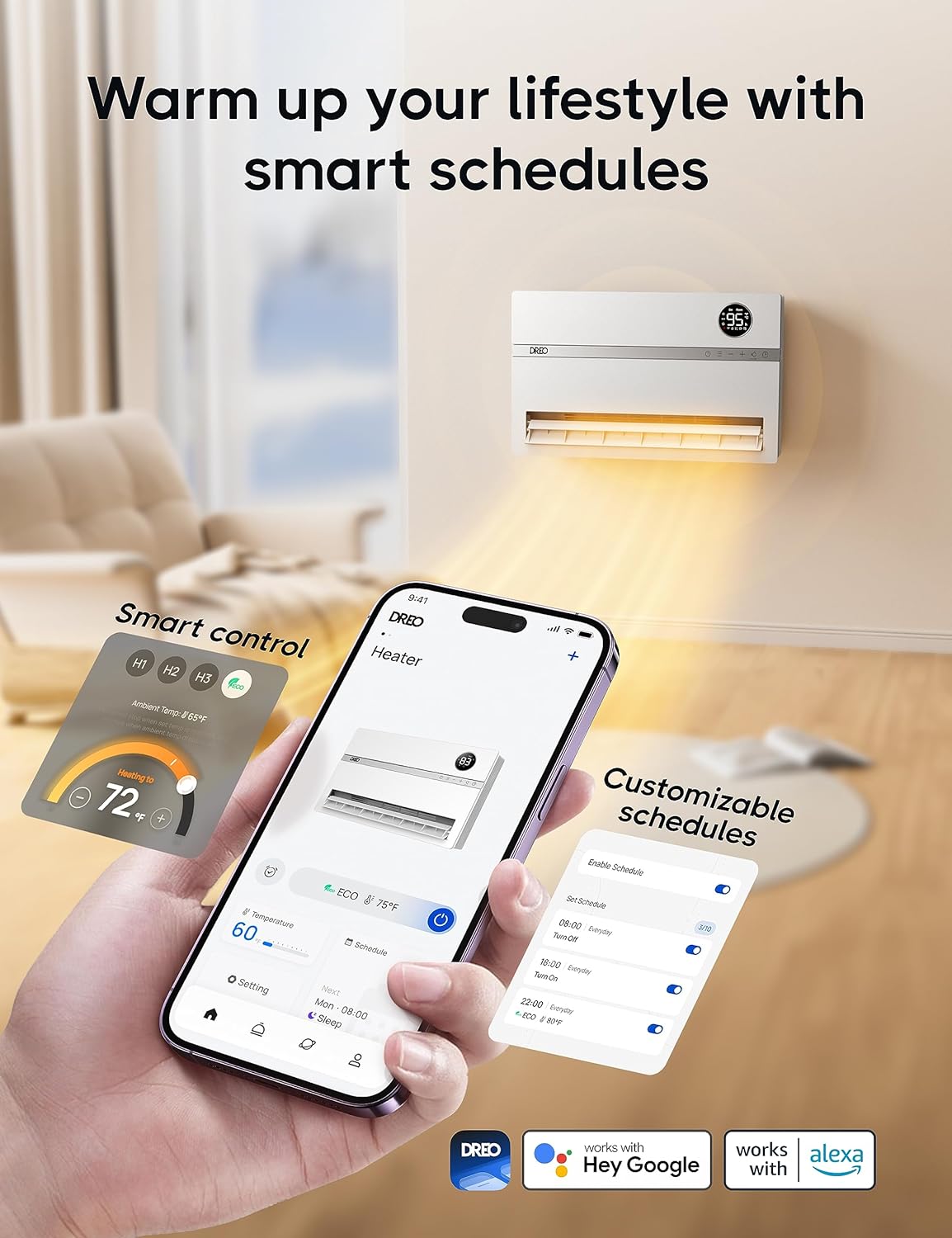 Thumbnail 2 de DREO DR-HSH009S Smart Wall Heater, 1500W, 120° Oscillation and Wi-Fi
