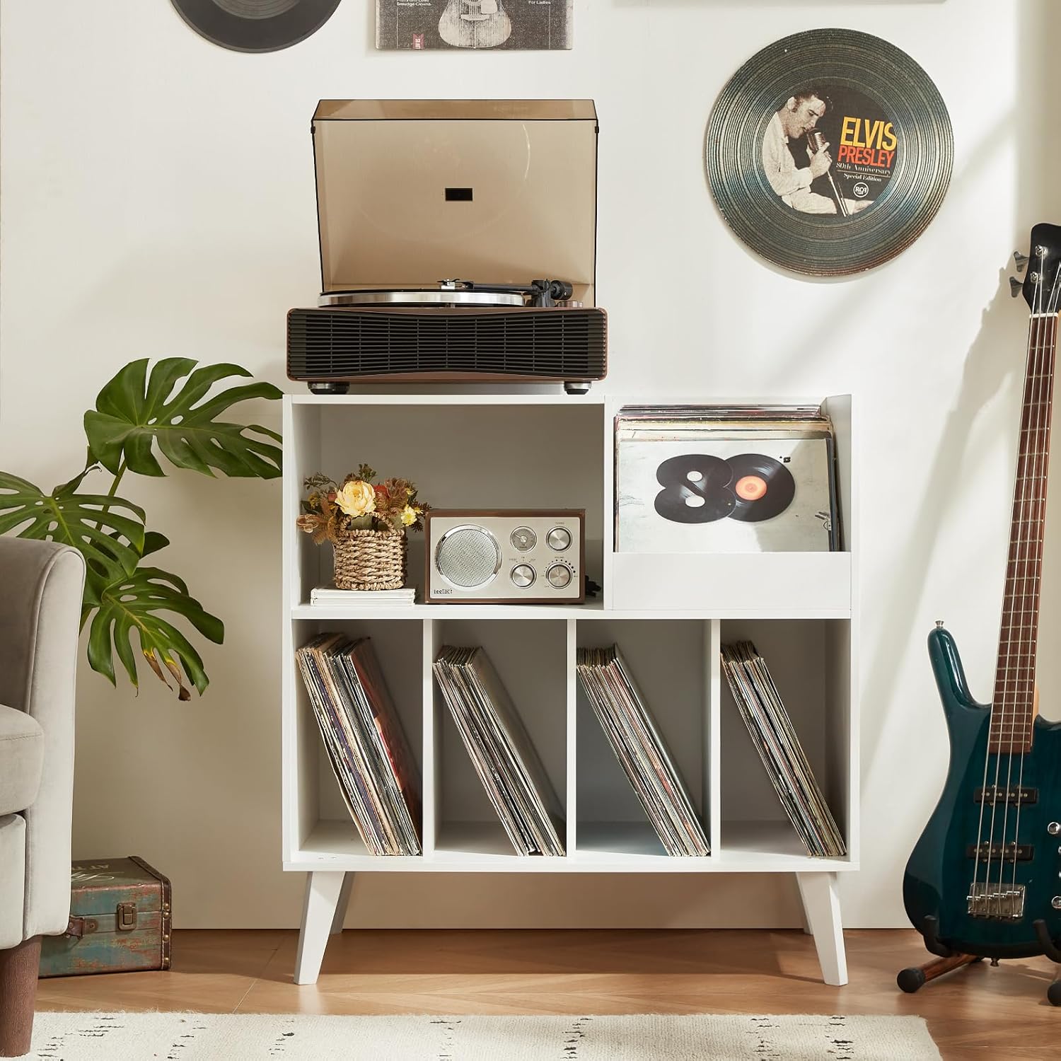 Thumbnail 5 de LELELINKY Large Vinyl Record Stand with 4 Shelves — Retro Wooden Turntable Stand for Up to 300 Albums