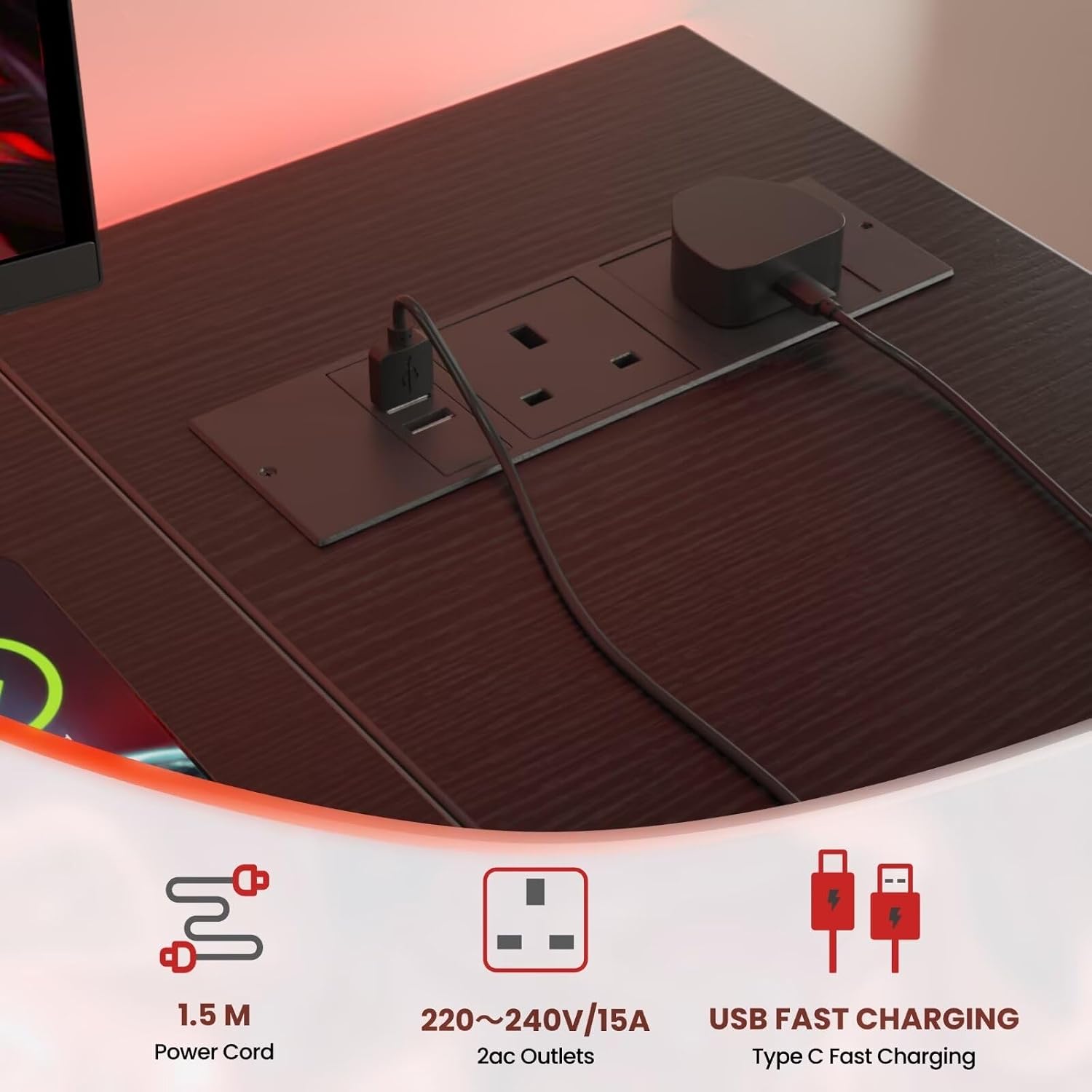 Thumbnail 4 de DOMSHOCT 120 x 70cm L-shaped gaming desk with power outlets, reversible storage shelves and headphone hook (black)
