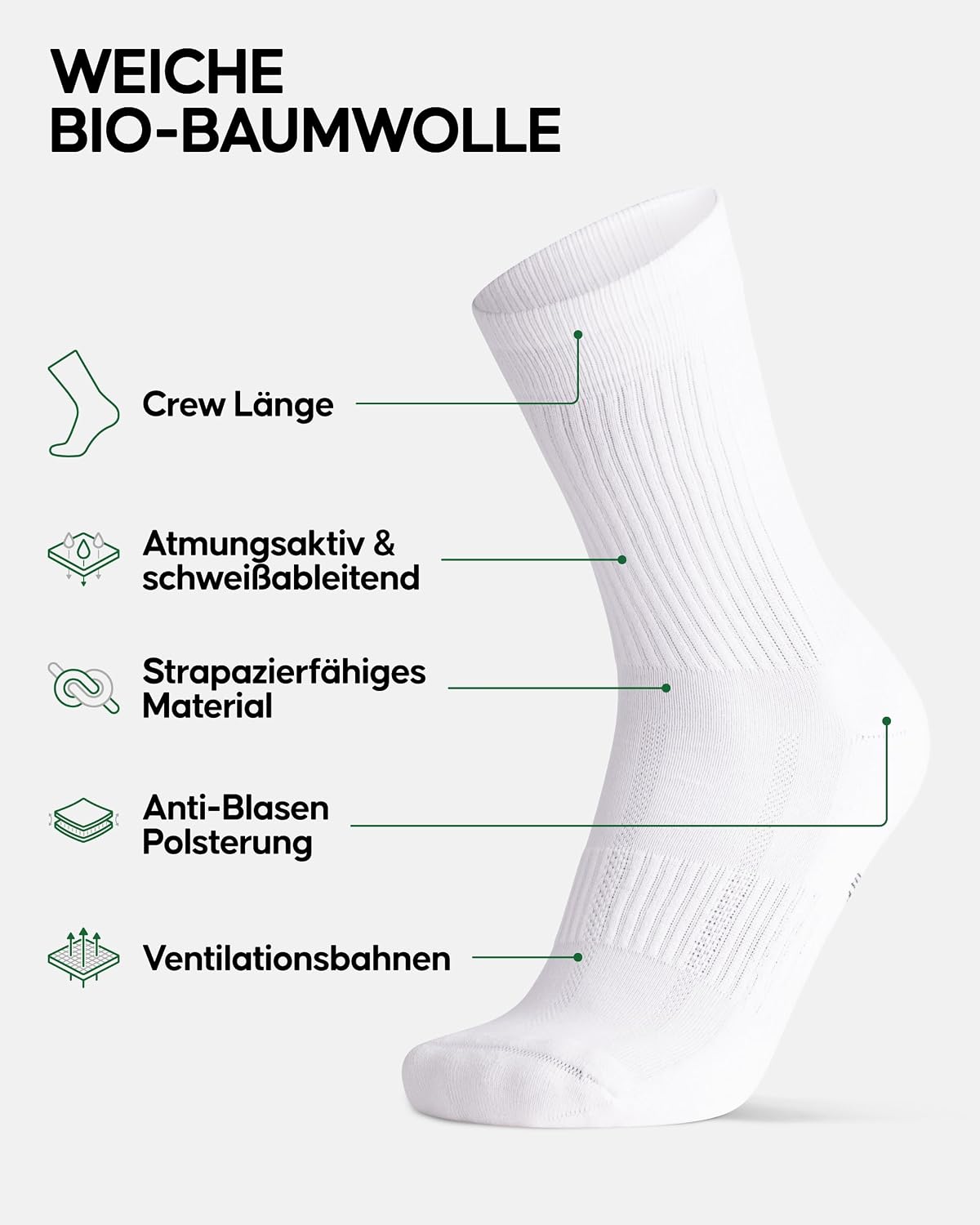 Detalle 2 de DANISH ENDURANCE Bio-Baumwolle Tennissocken (Crew) – Sneaker- & Sportsocken für Herren & Damen, 3 oder 6 Paar