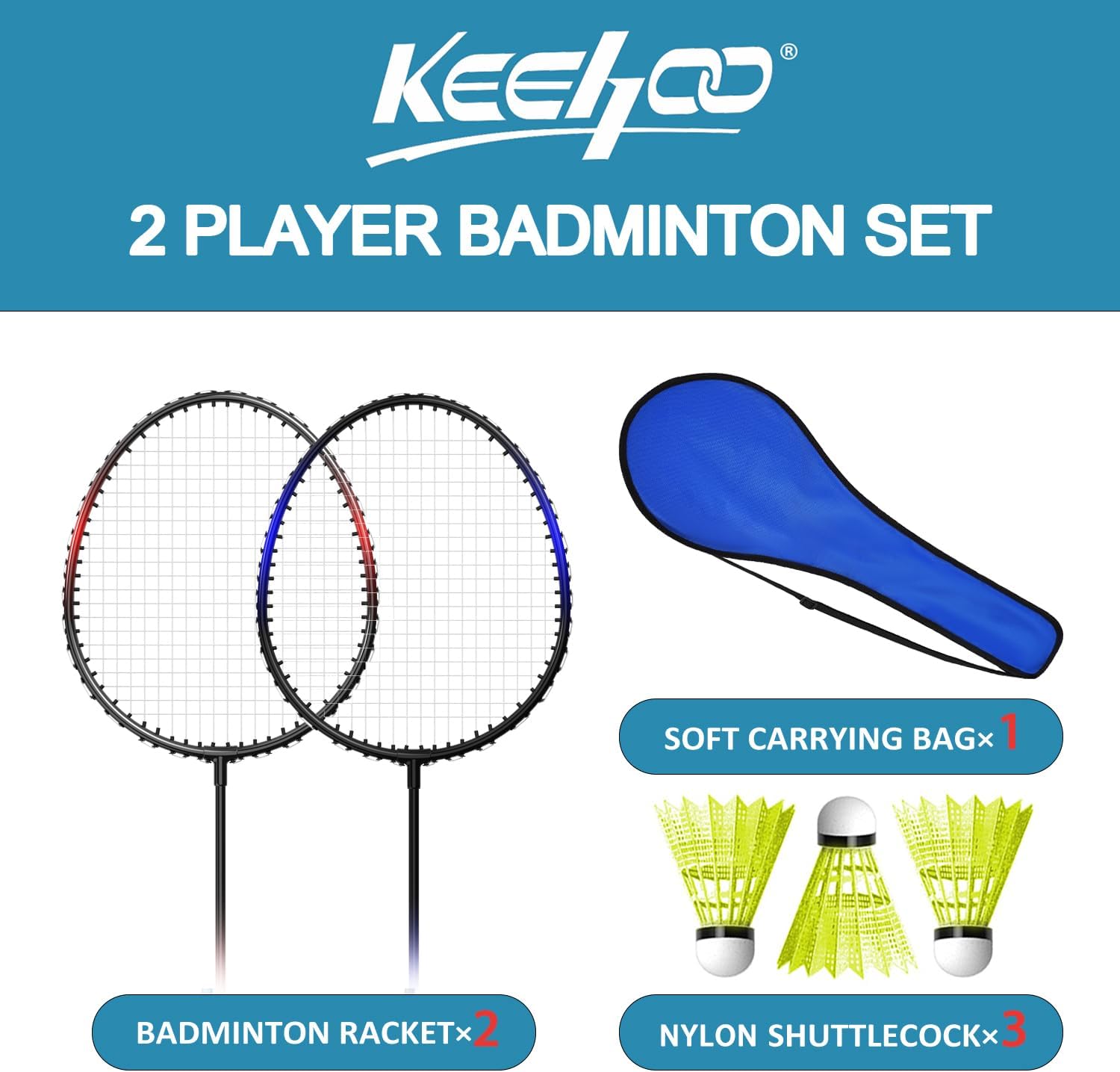 Detalle de KH 2-4 Player Badminton Rackets Set with Shuttlecocks & Carry Bag