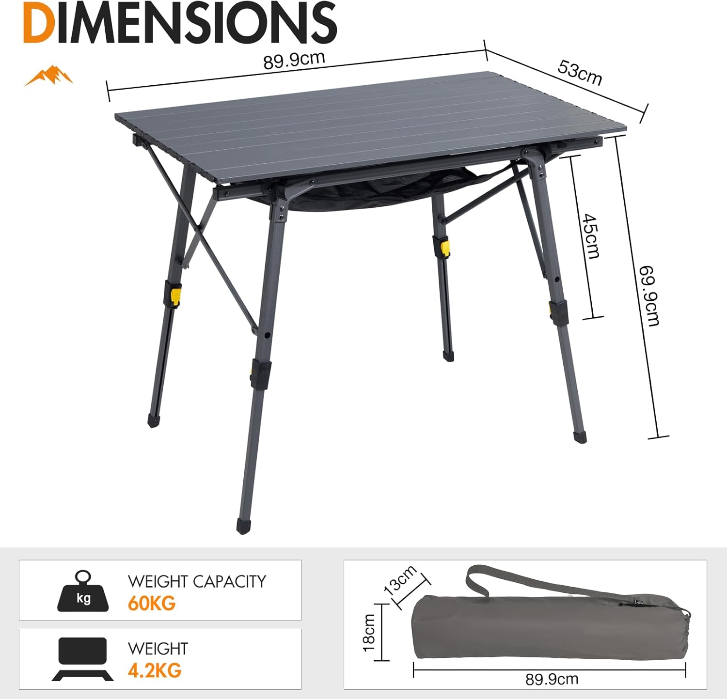 Detalle 2 de Portal faltbarer Campingtisch mit höhenverstellbaren Beinen, Aluminium, 90 × 53 cm (für bis zu 4 Personen)