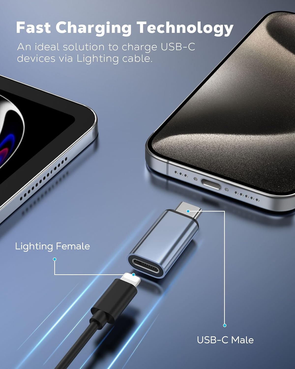 Detalle de MoKo 4 Pack Lightning to USB-C Adapter (Lightning Female to USB-C Male) – 4 x Gray anti-lost loops, data sync & charging