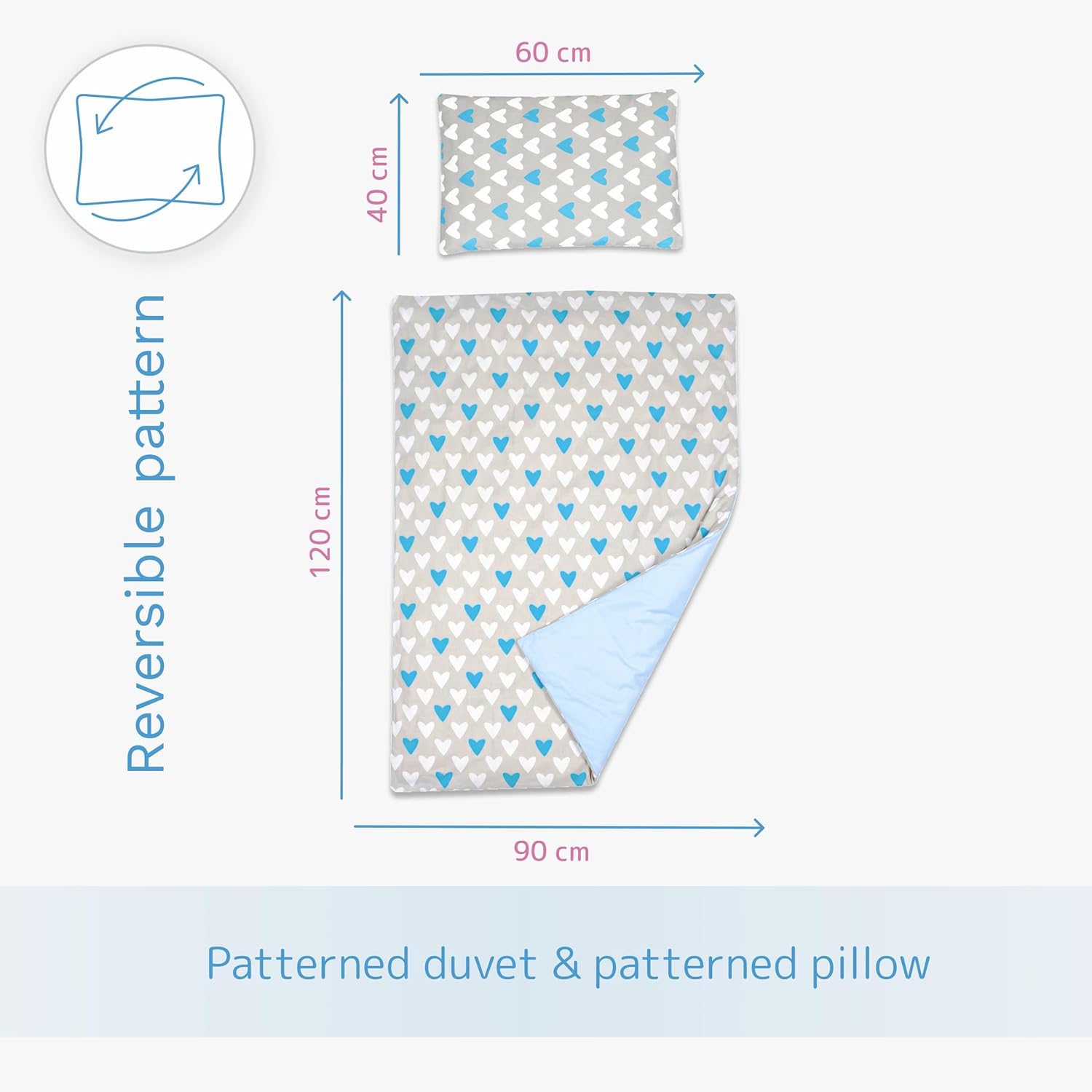 Detalle de Baby Comfort 2-Piece Toddler Duvet & Pillow Set – 120x90 cm, 100% Cotton, Breathable, Machine Washable (Blue Hearts)