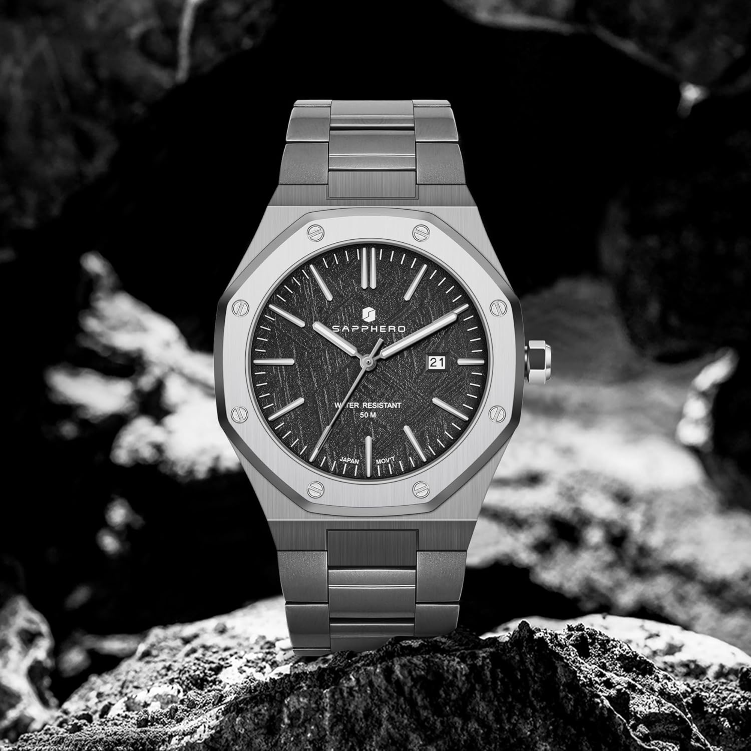 Thumbnail 6 de SAPPHERO Orologio Uomo Impermeabile 50M al Quarzo Argento con Cinturino in Acciaio e Calendario Nero/Blu