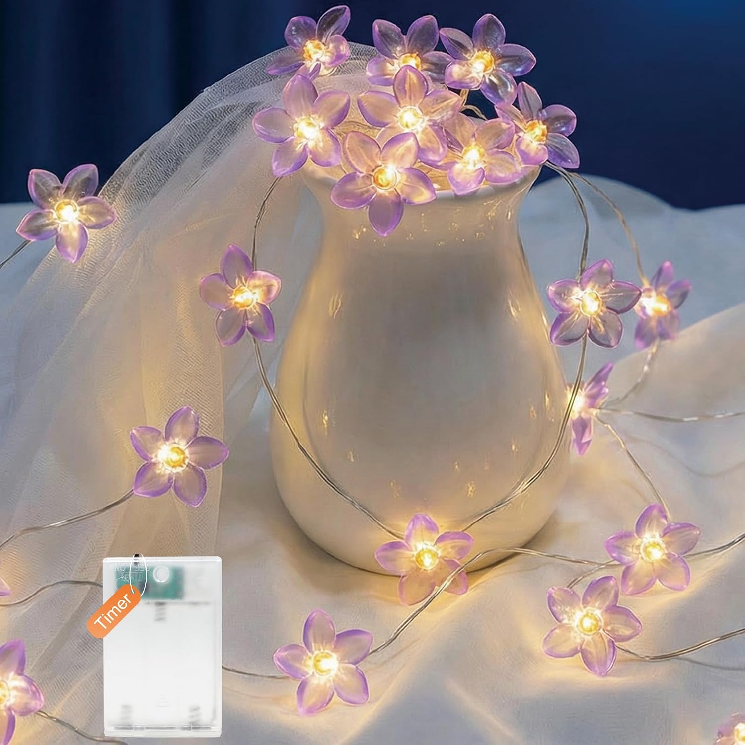 Detalle de Afaiup ZY-2AAB-20L LED-lichtsnoer met lila lelies, 2 m en 20 warmwitte leds