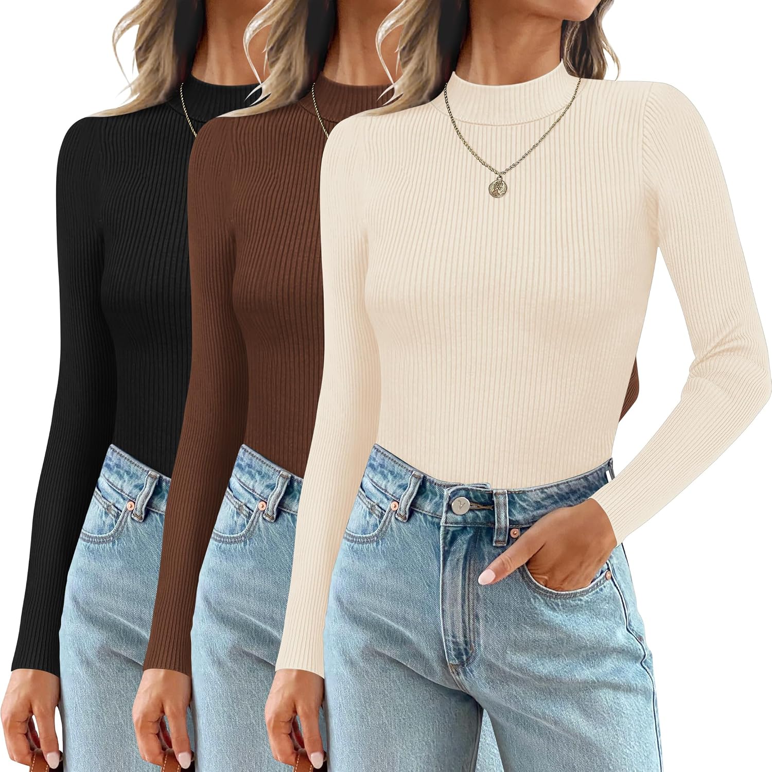 Detalle de Ekouaer 3-Pack Women's Mock Turtleneck Tops, Long-Sleeve Ribbed Shirts