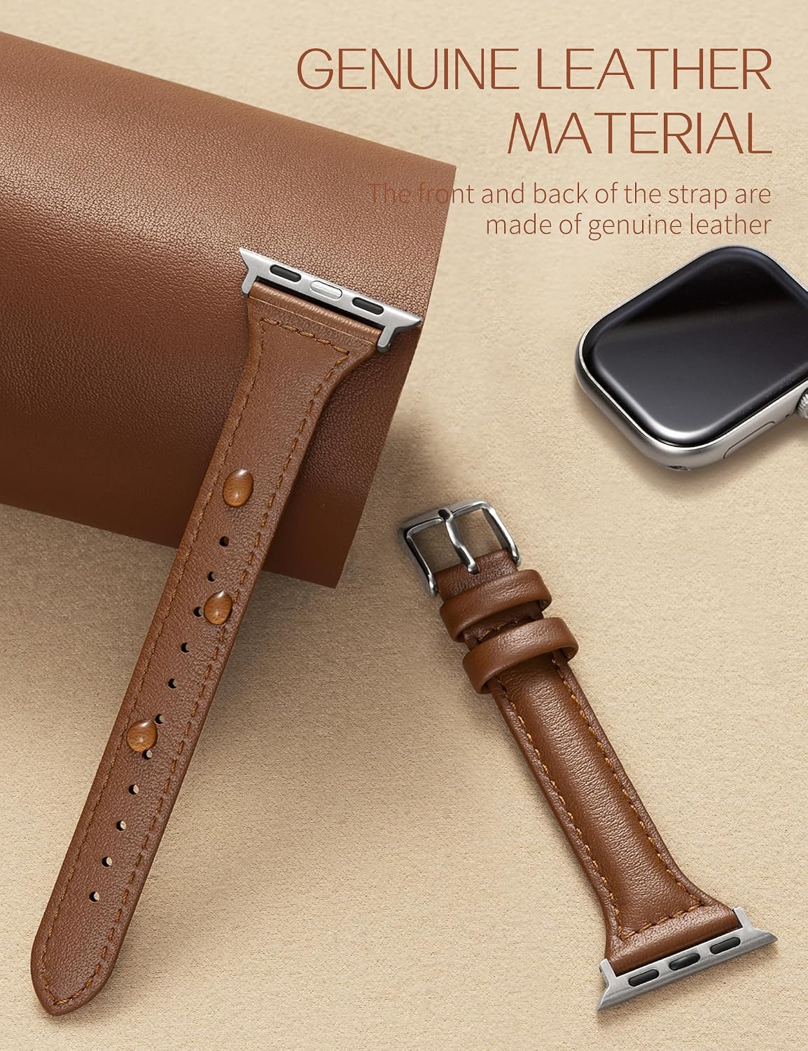 Detalle de Wkiss 2-Pack Slim Leather Bands for Apple Watch (38–46mm)