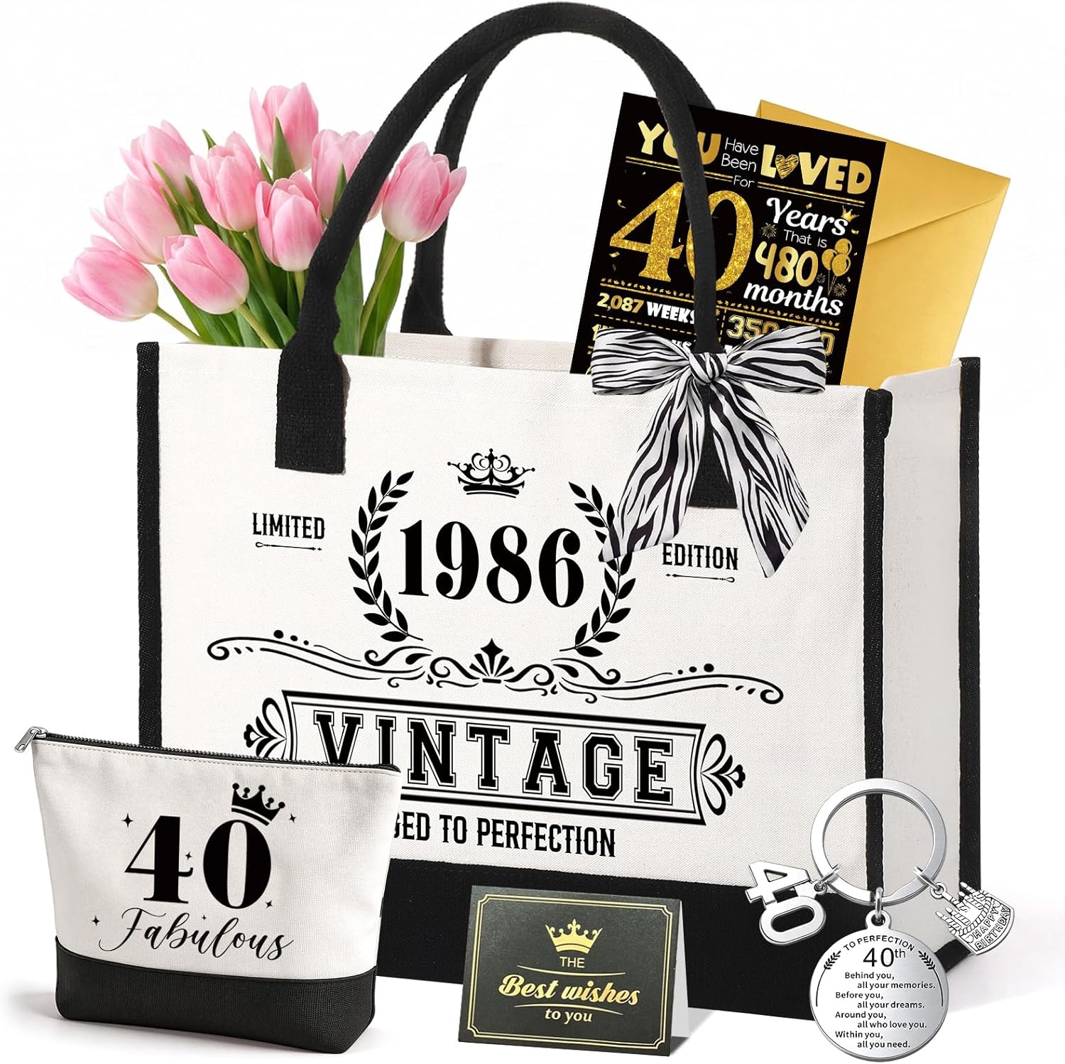 Detalle de ePicsoa 40. Geburtstag Geschenk Mädchen – Vintage 1986 Canvas Einkaufstasche + Kosmetiktasche Set
